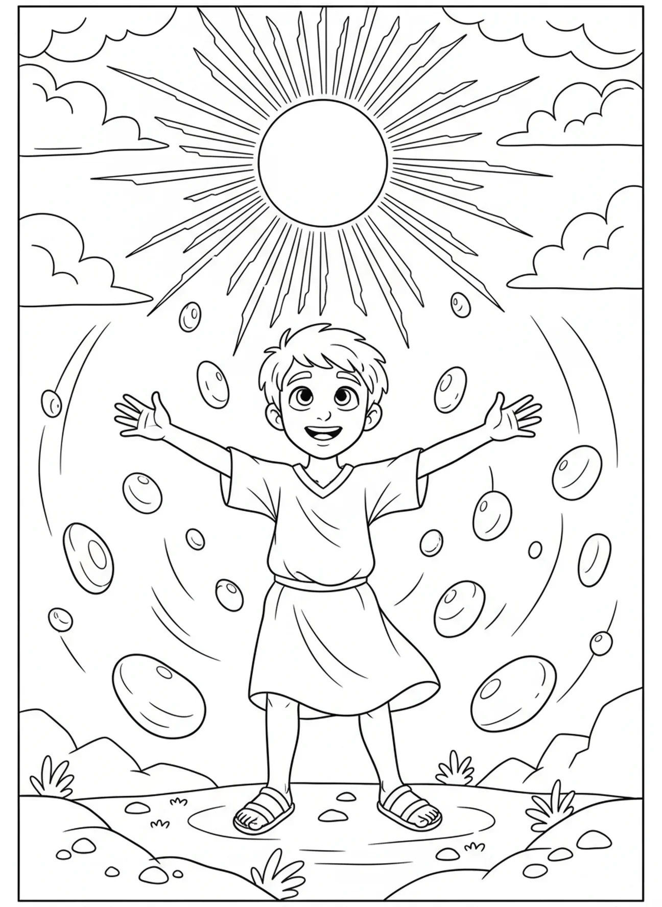Étienne regardant vers le ciel, page à colorier d'Étienne Martyr pour les enfants de 5 à 10 ans