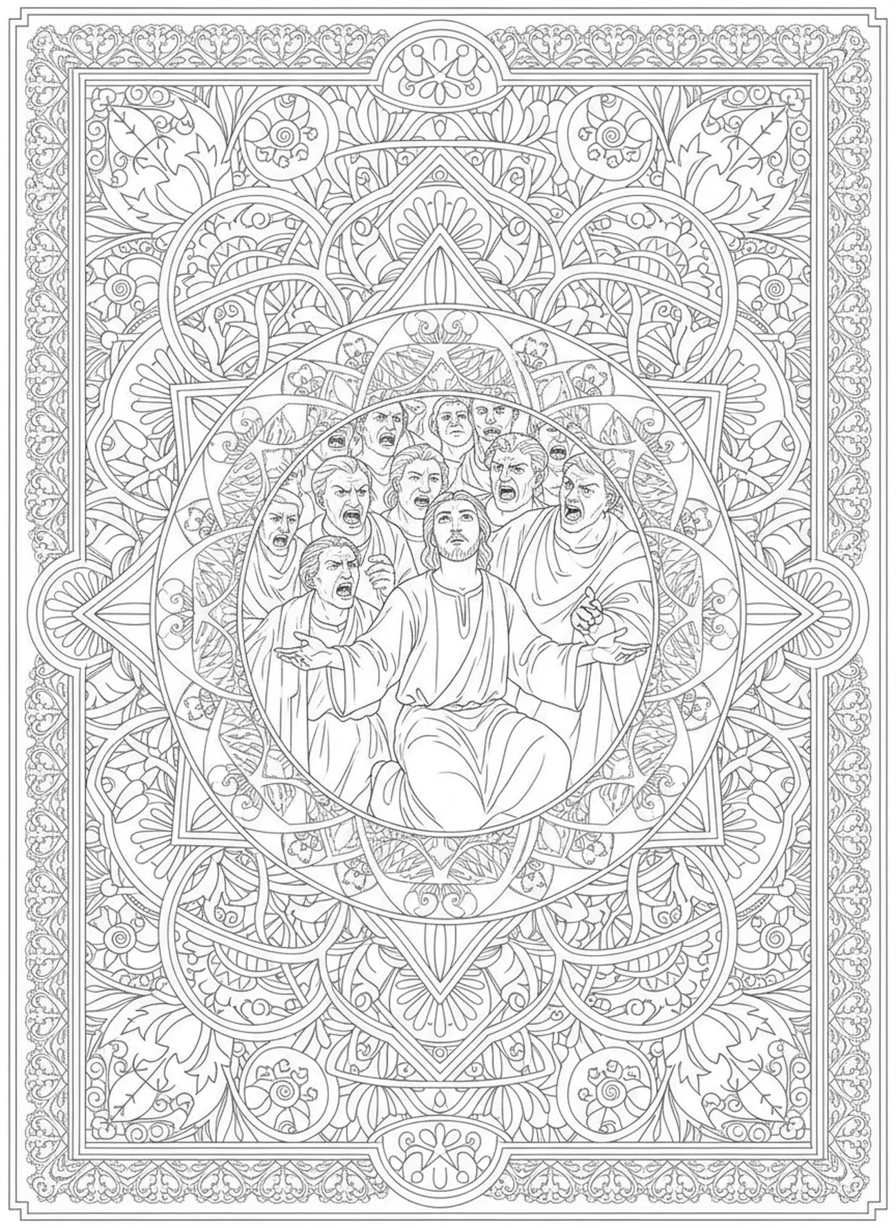 Foule en colère entourant Étienne, page à colorier sur le martyr d'Étienne pour le journal biblique.