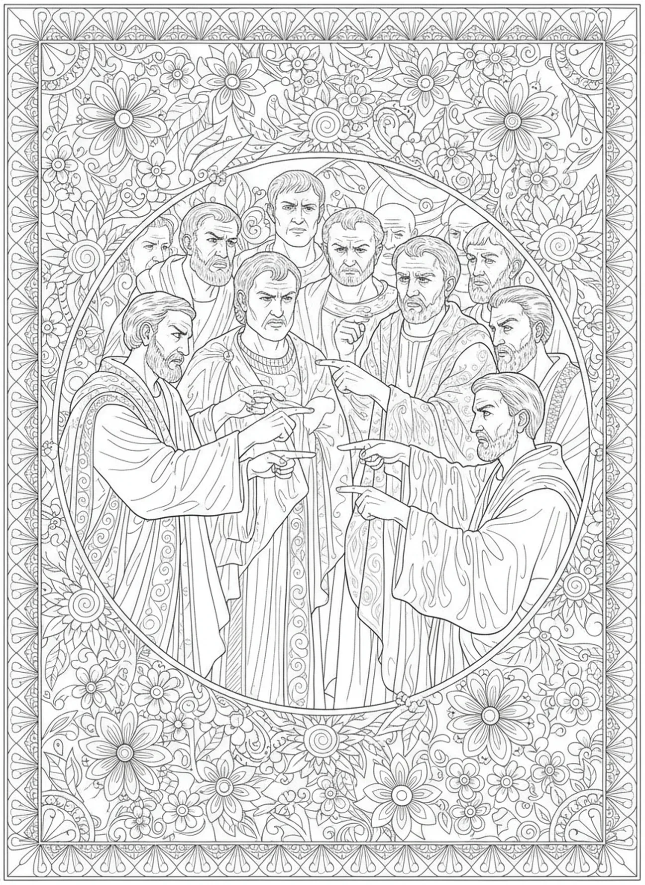 Accusateurs entourant Étienne, page à colorier sur le martyr d'Étienne dans un style de journal biblique pour adultes.