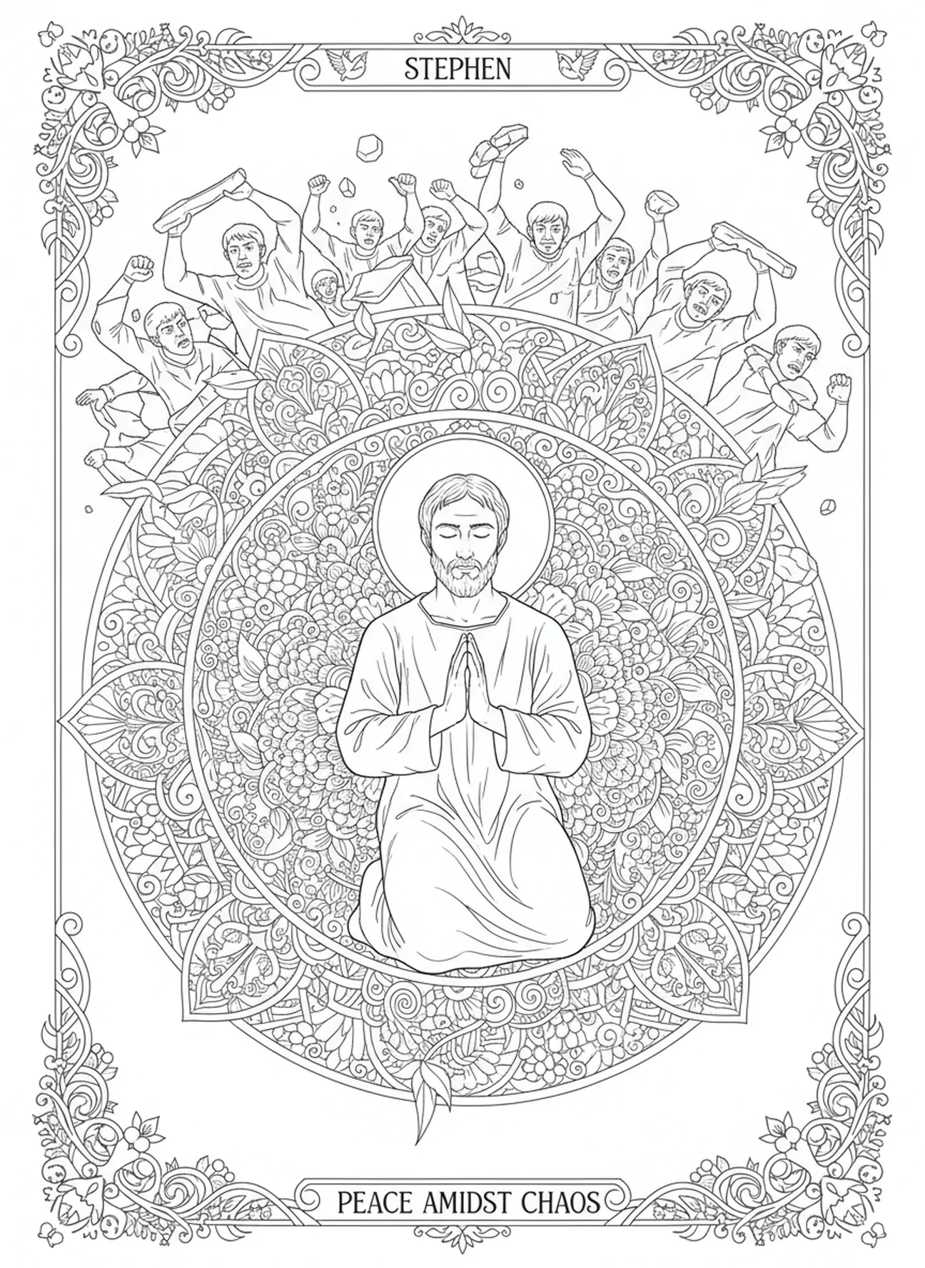 Étienne à genoux en prière, page à colorier sur le martyre d'Étienne pour le journal biblique des adultes.