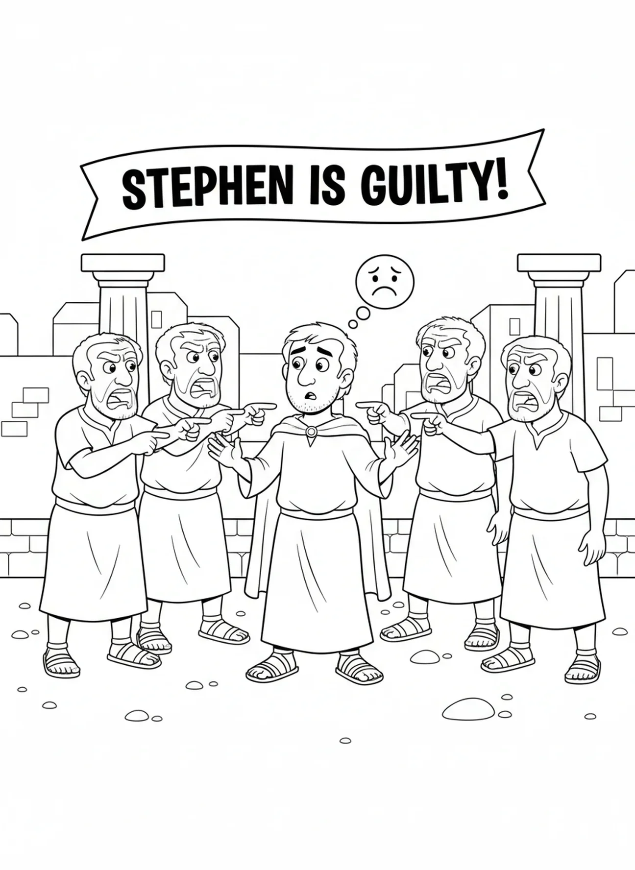 Boze mannen beschuldigen Stefanus, kleurplaat van de steniging van Stefanus voor kinderen van 5-10 jaar.
