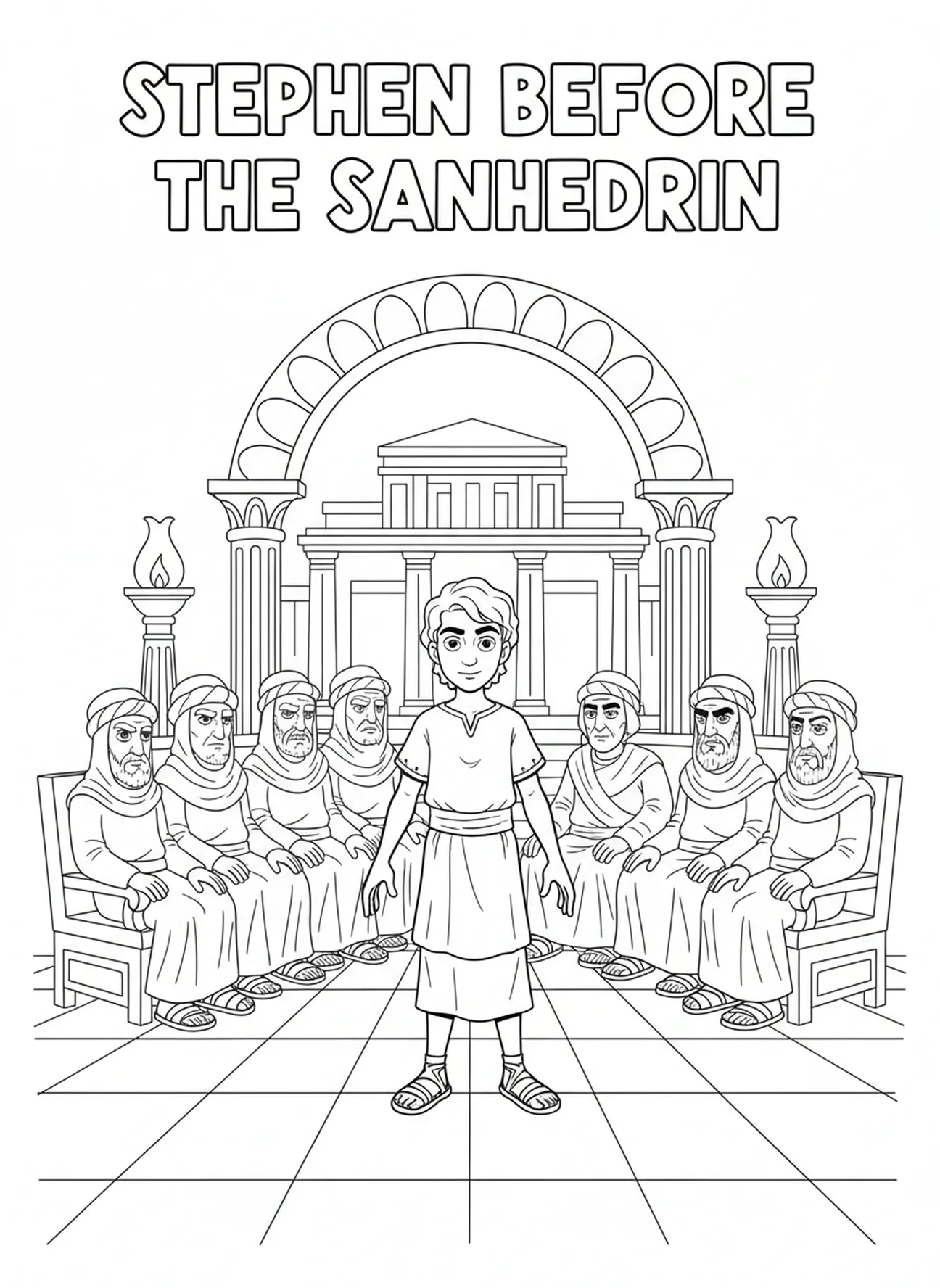 Stefanus voor het Sanhedrin, kleurplaat van de steniging van Stefanus voor kinderen van 5-10 jaar.