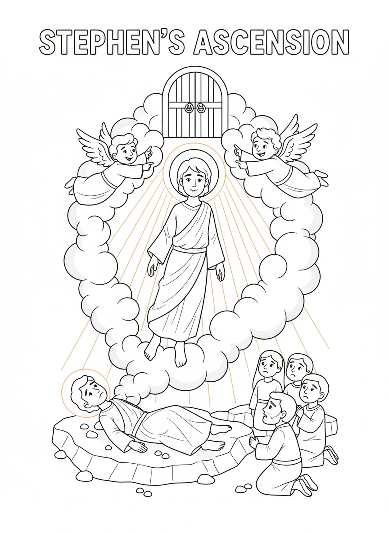 De geest van Stefanus stijgt op, kleurplaat van de steniging van Stefanus voor kinderen van 5-10 jaar.