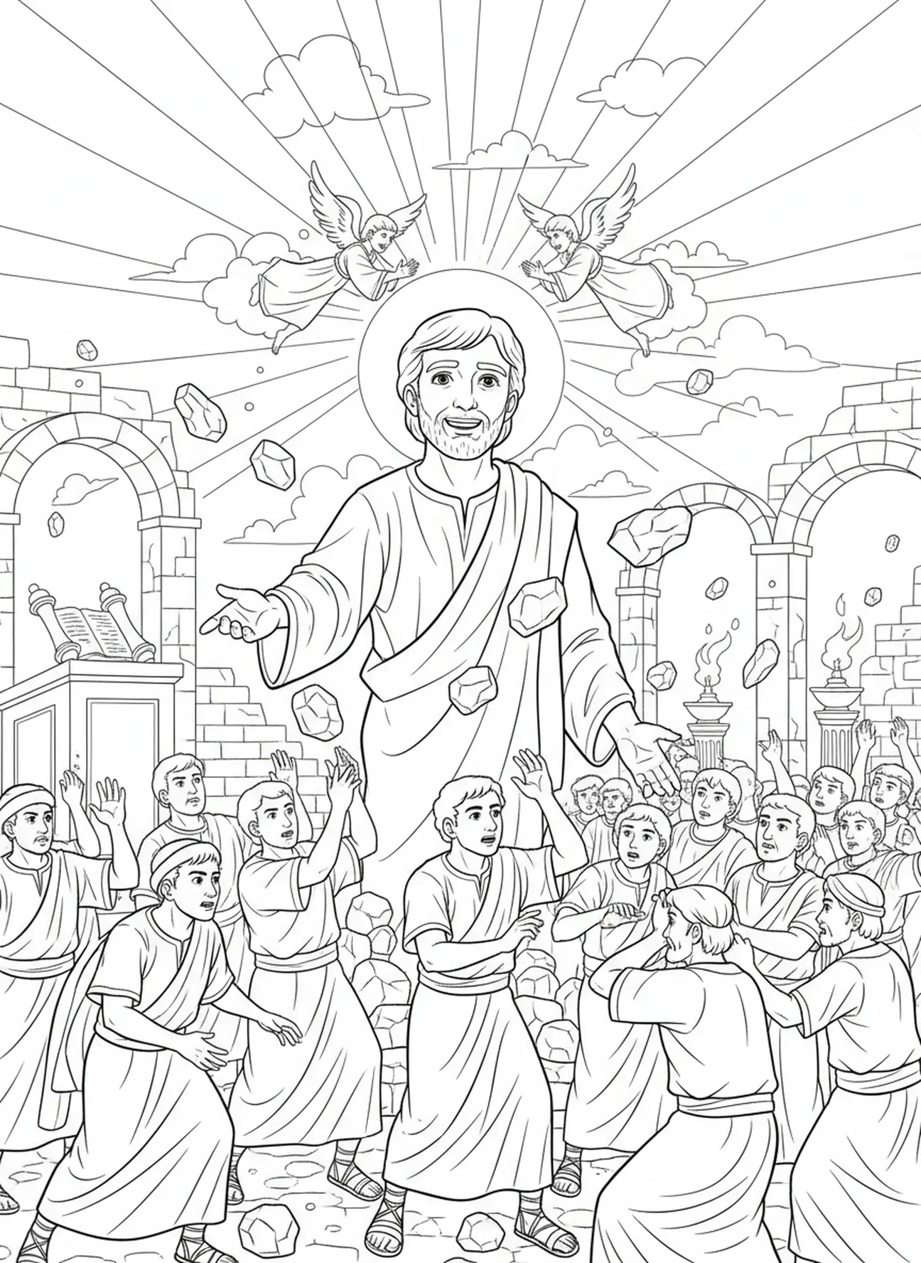 A visão do céu de Estêvão, página para colorir sobre o apedrejamento de Estêvão para crianças da Escola Dominical de 5 a 12 anos.