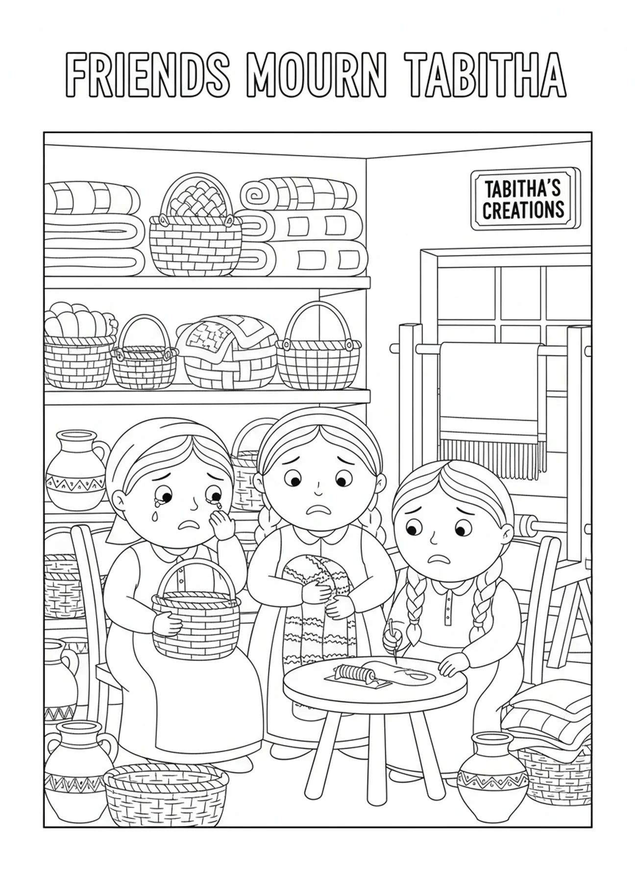 Amigos lamentando Tabita Dorcas, página de colorir de Tabita Dorcas para crianças de 5 a 10 anos