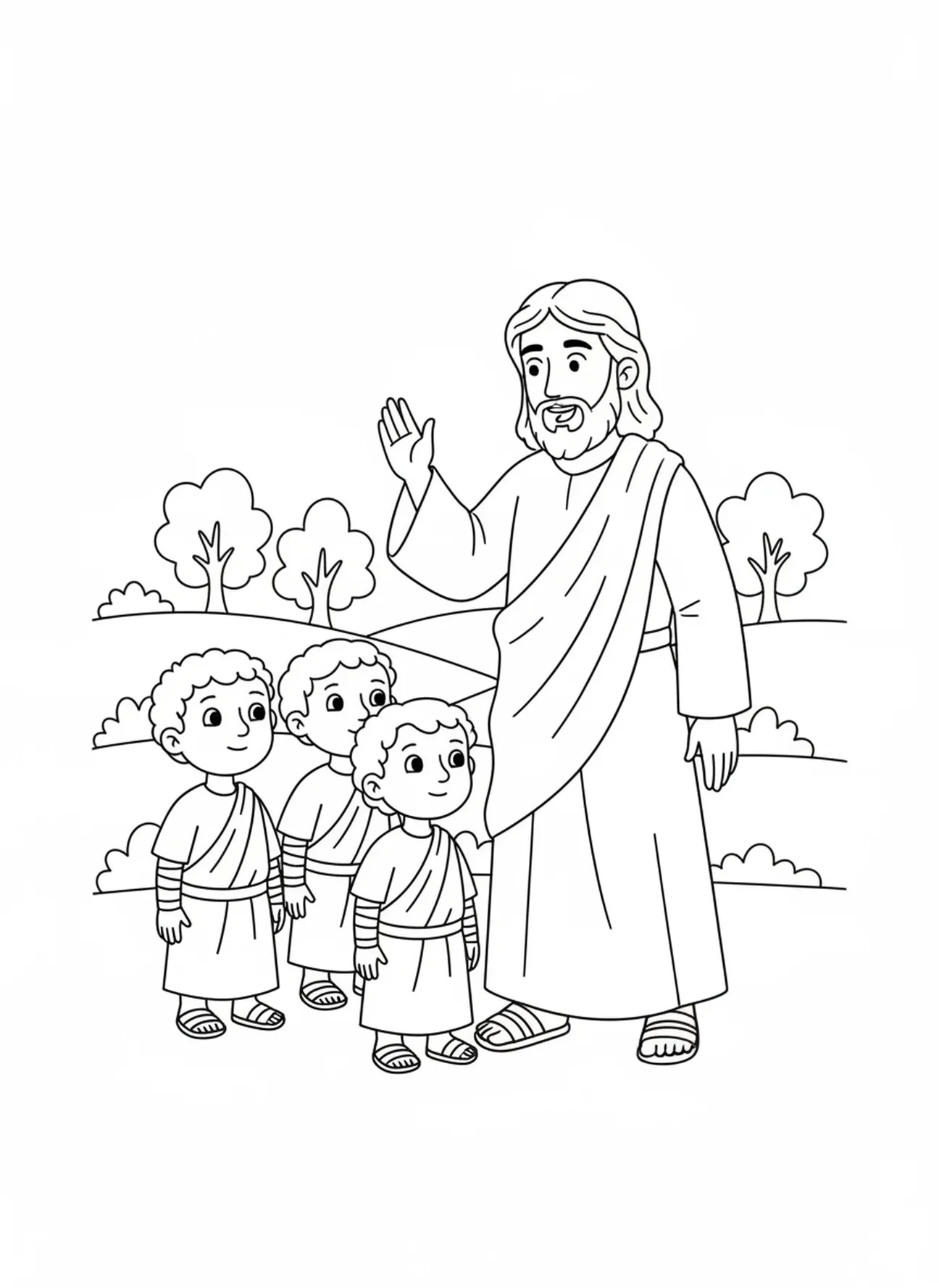 Jesus befiehlt die Heilung, Ausmalbild der zehn Aussätzigen für Kinder im Alter von 5-10 Jahren