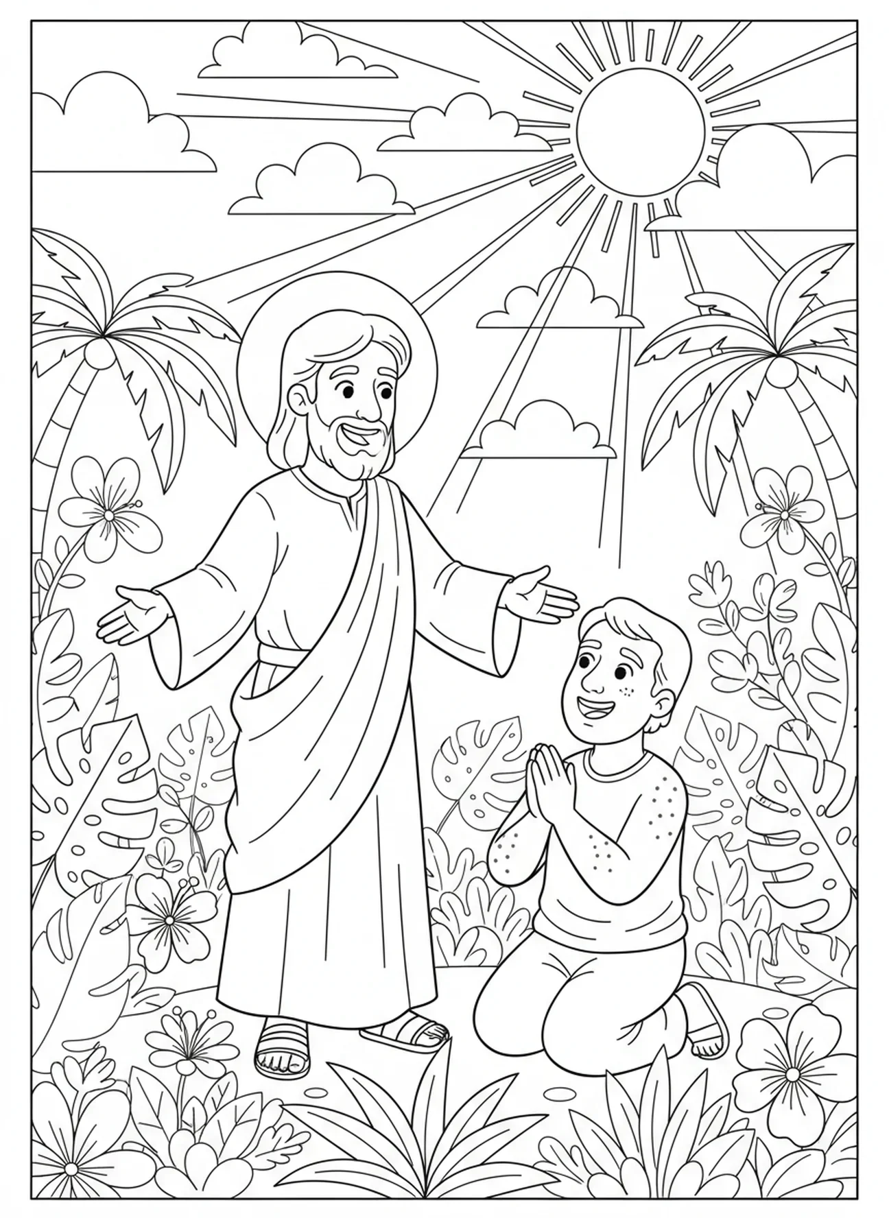 Jesus lächelt den dankbaren Aussätzigen an, Ausmalbild der zehn Aussätzigen für Kinder im Alter von 5-10 Jahren