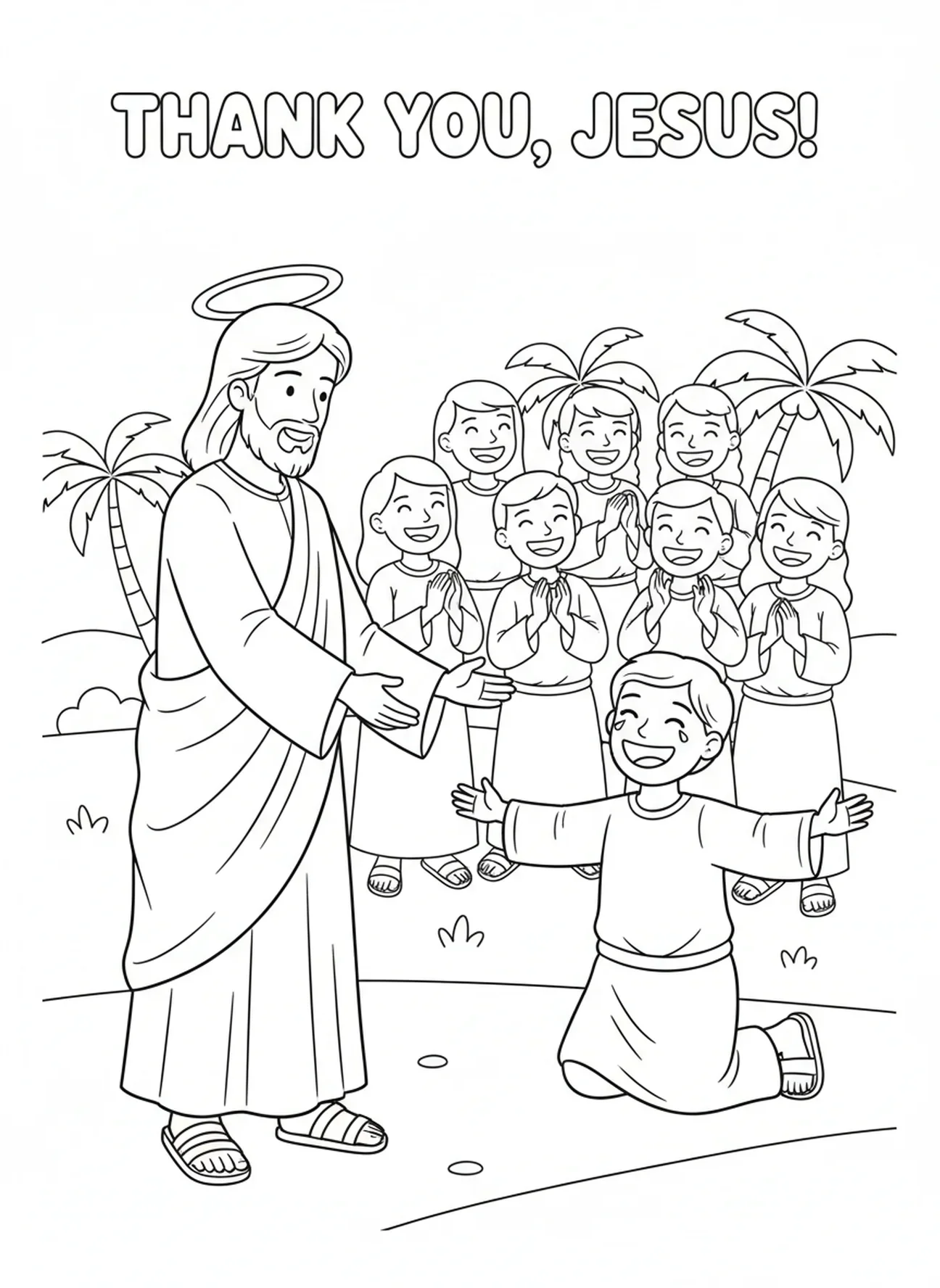 Ein dankbarer Aussätziger kehrt zurück, Malvorlage für zehn Aussätzige für Kinder im Alter von 5-10 Jahren