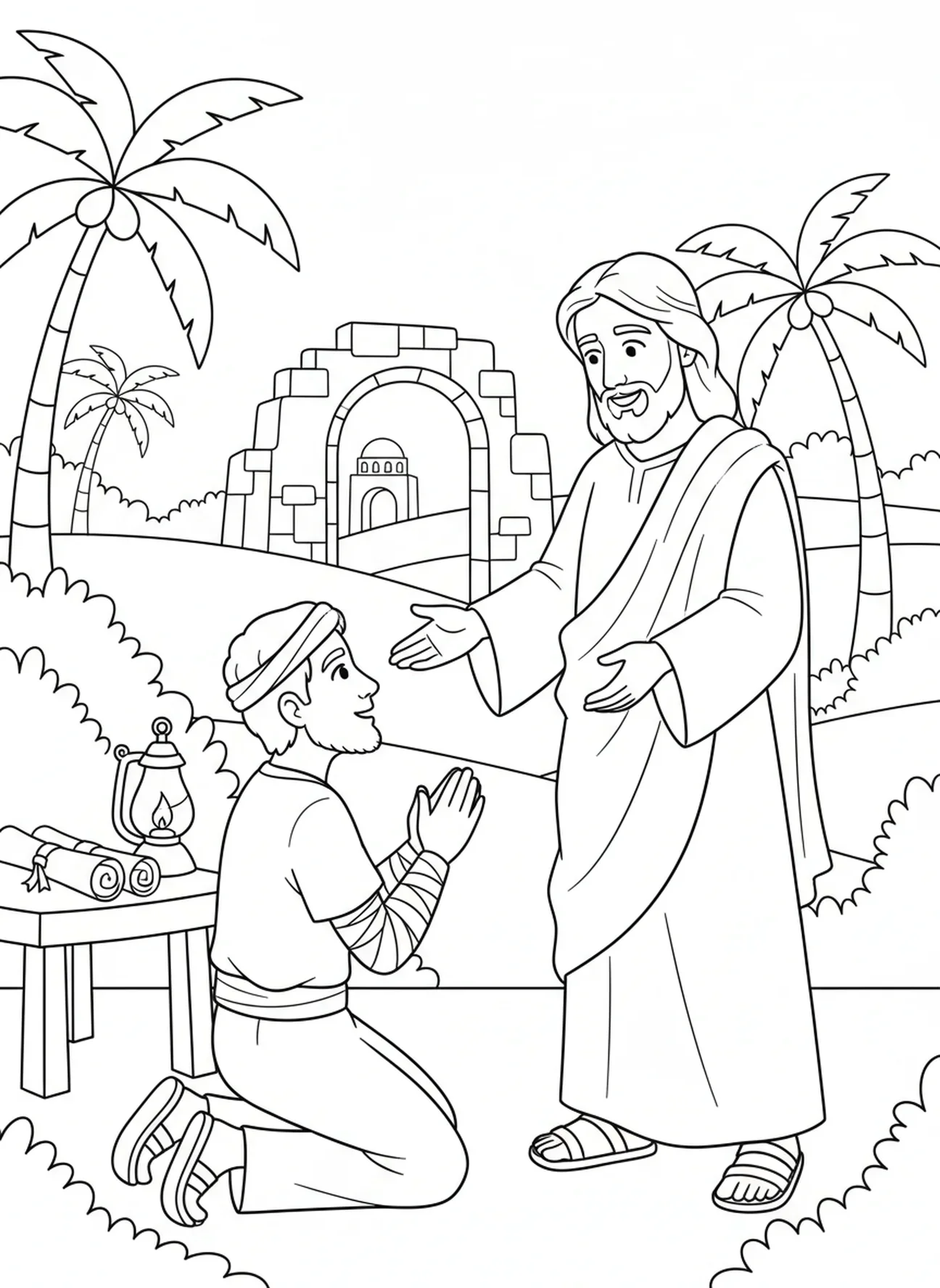 Jésus bénissant un lépreux reconnaissant, page à colorier des Dix Lépreux pour les enfants de l'École du dimanche âgés de 5 à 12 ans.