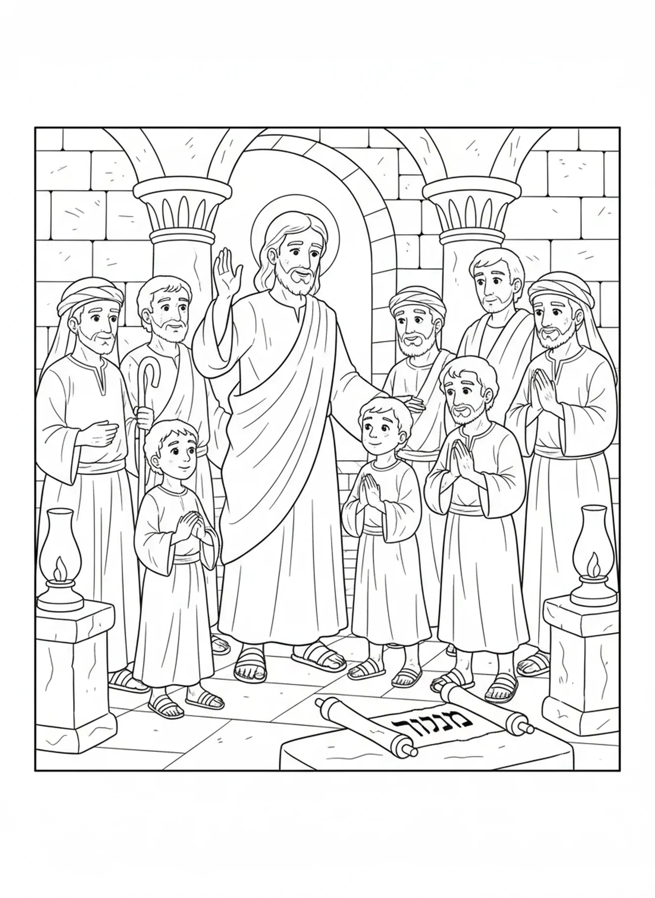 Jésus guérissant les lépreux, page à colorier des Dix Lépreux pour les enfants de l'École du dimanche âgés de 5 à 12 ans.