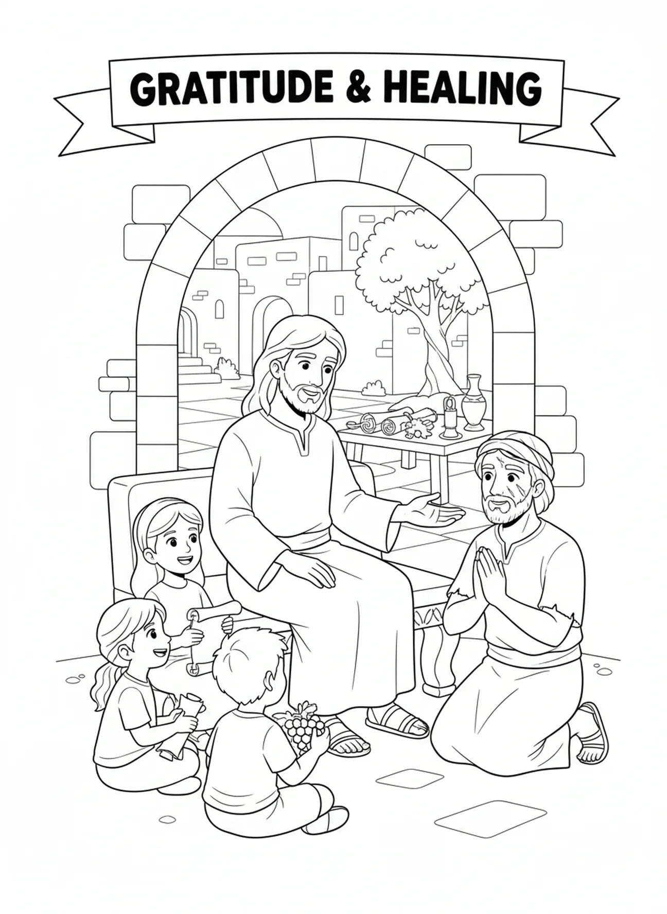 Jésus enseignant sur la gratitude, page à colorier des Dix Lépreux pour les enfants de l'École du dimanche âgés de 5 à 12 ans.