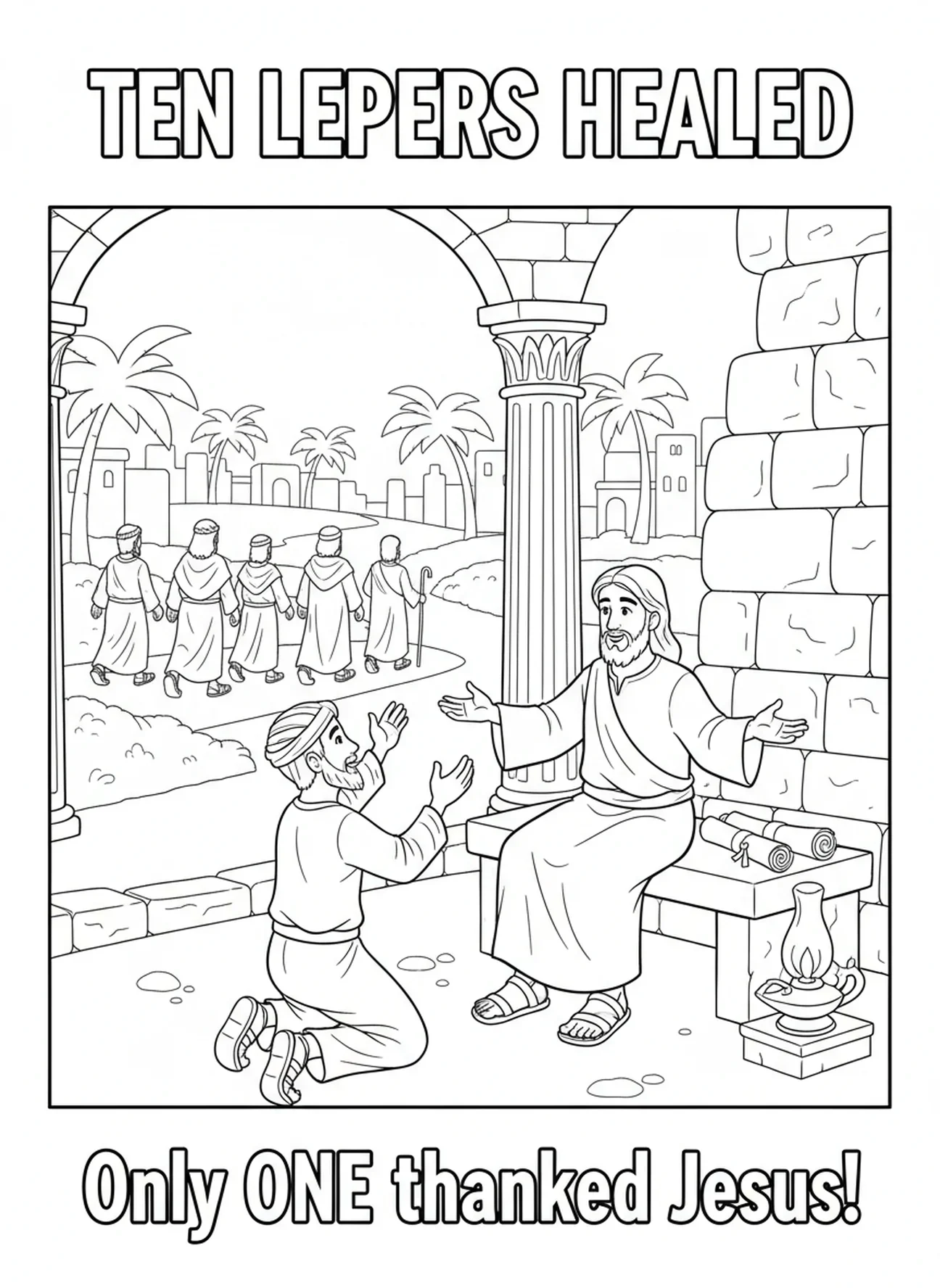 Un lépreux à genoux, page à colorier des Dix Lépreux pour les enfants de l'École du dimanche âgés de 5 à 12 ans.