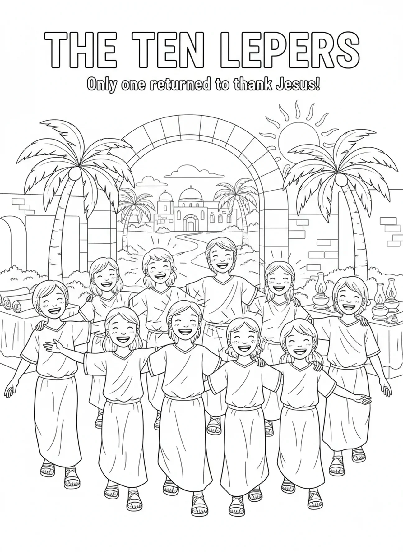 Neuf lépreux marchant joyeusement, page à colorier des Dix Lépreux pour les enfants de l'École du dimanche âgés de 5 à 12 ans.