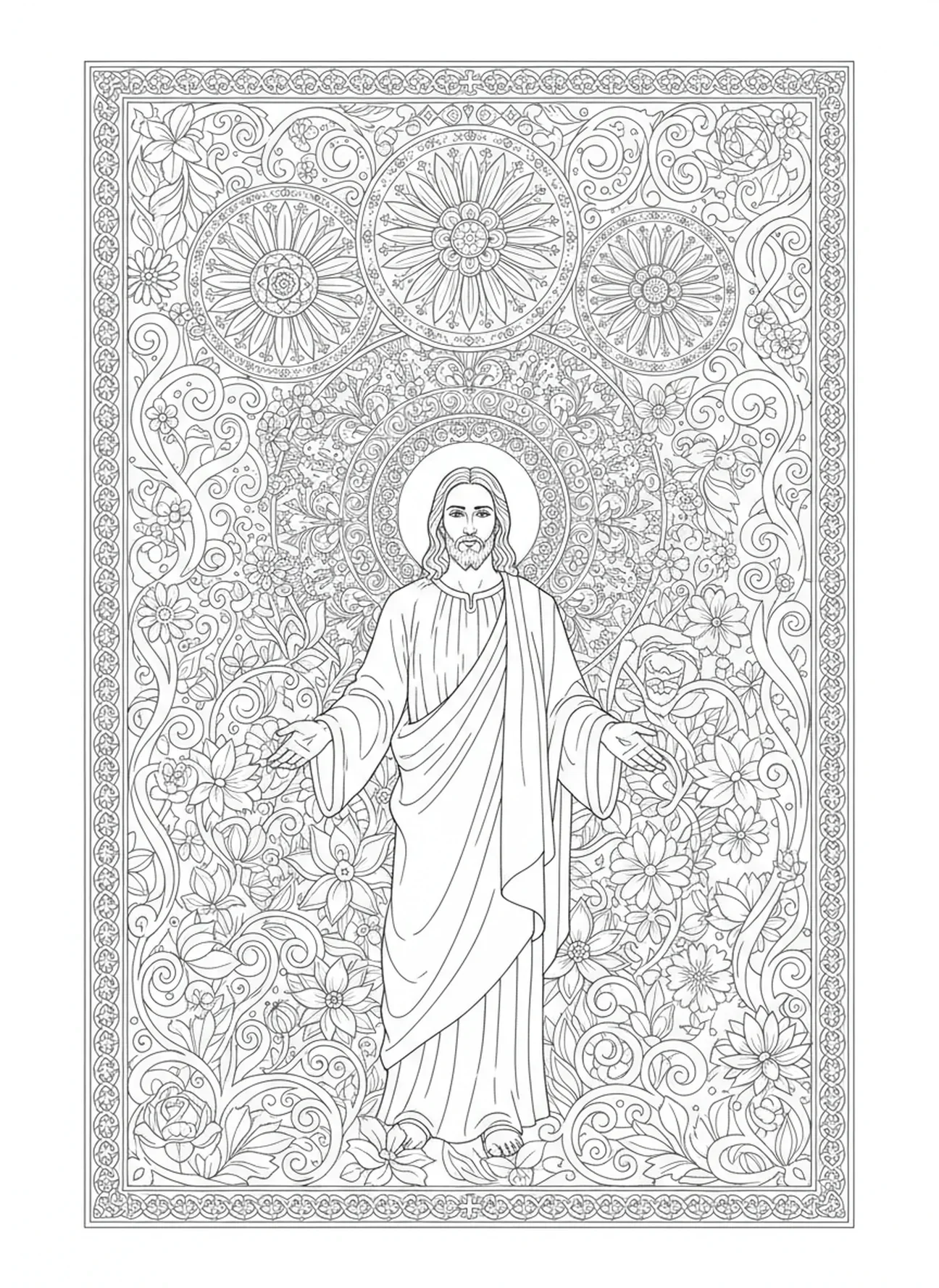 Jezus w bujnym ogrodzie, kolorowanka Dobrego Pasterza dla dorosłych w stylu dziennika biblijnego
