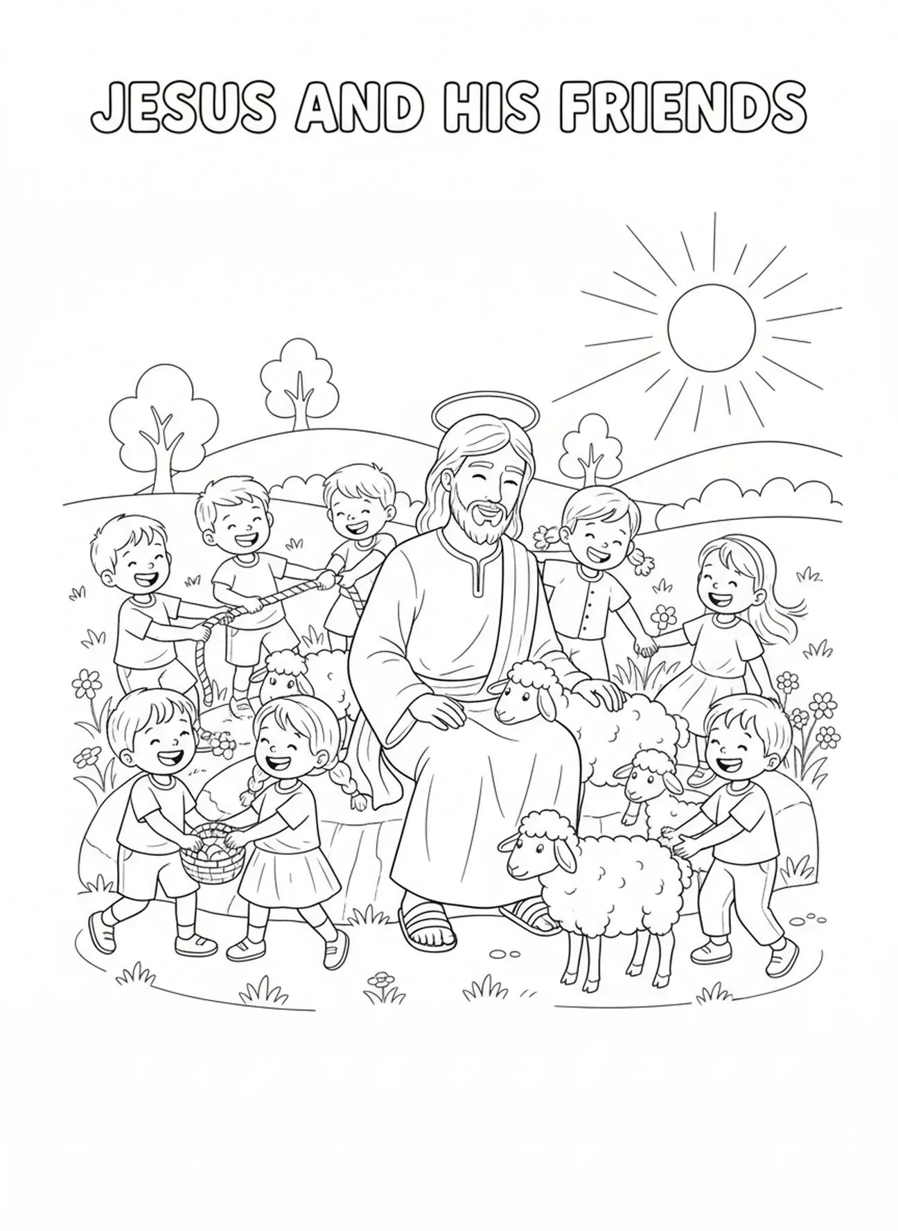 Jésus avec des enfants et des moutons, page à colorier du Bon Berger Jésus pour les enfants de 5 à 10 ans