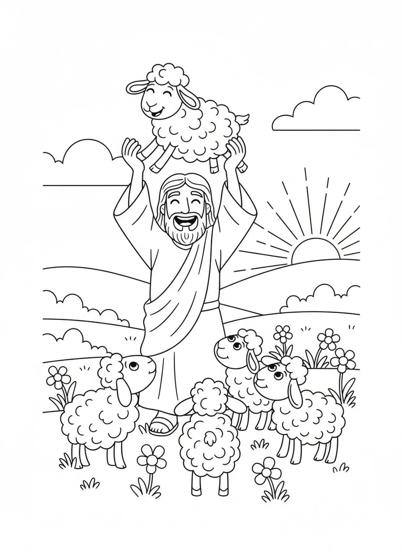 Jésus portant une brebis égarée, page à colorier du Bon Pasteur Jésus pour les enfants de 5 à 10 ans