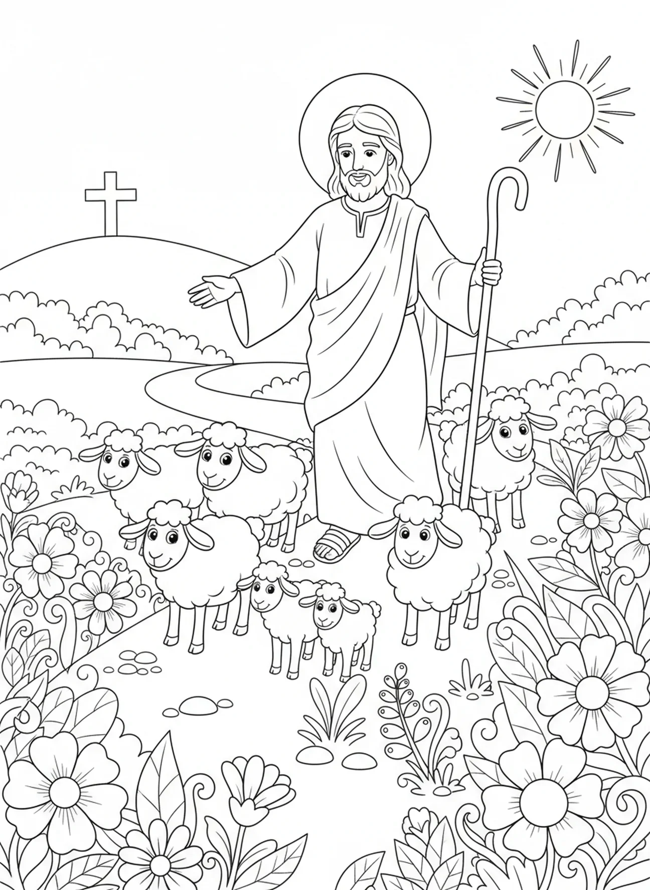 Jésus marchant avec des moutons, page à colorier du Bon Pasteur Jésus pour les enfants de 5 à 10 ans