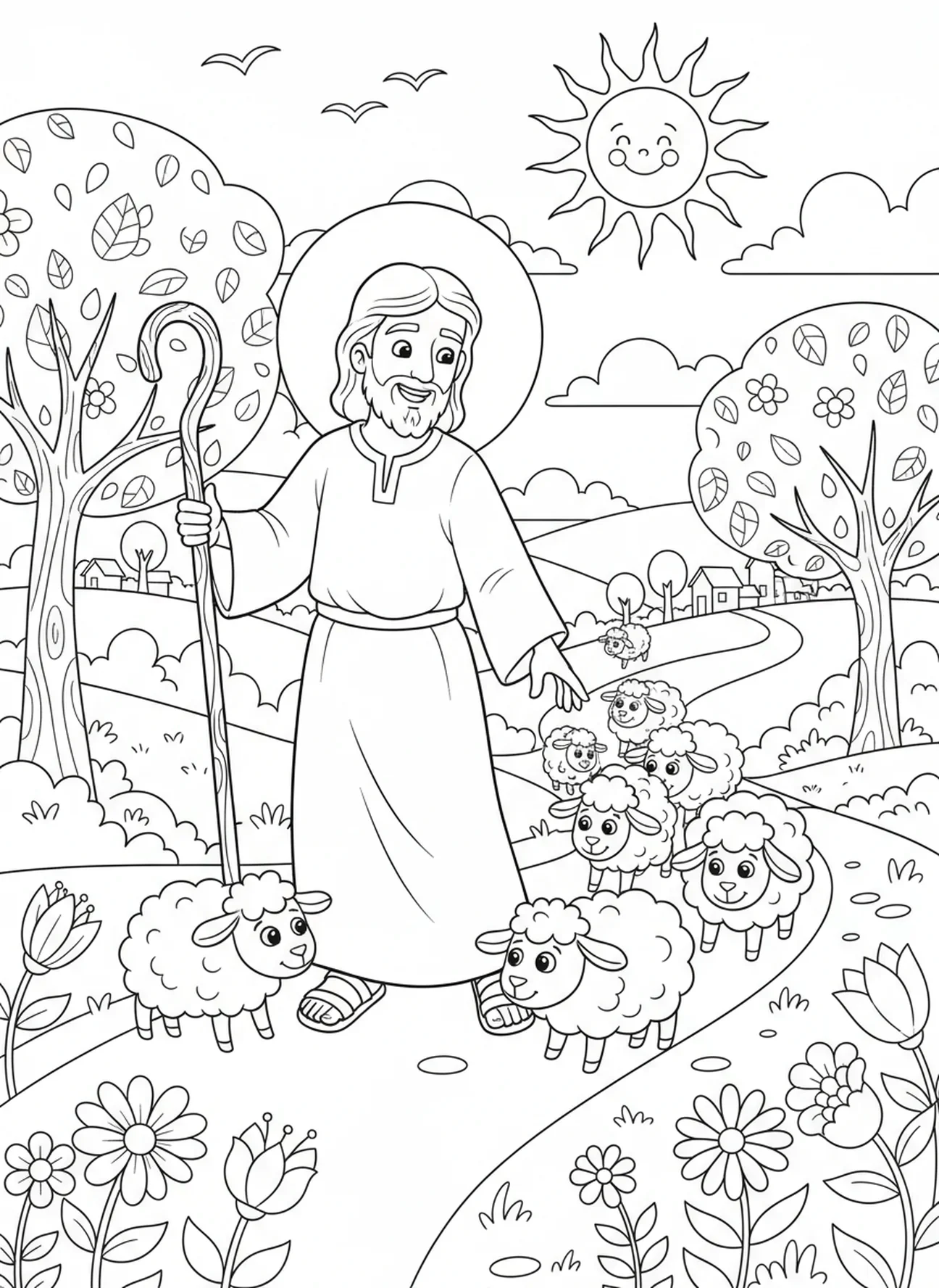 Jésus gardant des moutons sur une colline, page à colorier du Bon Berger Jésus pour les enfants de 5 à 10 ans