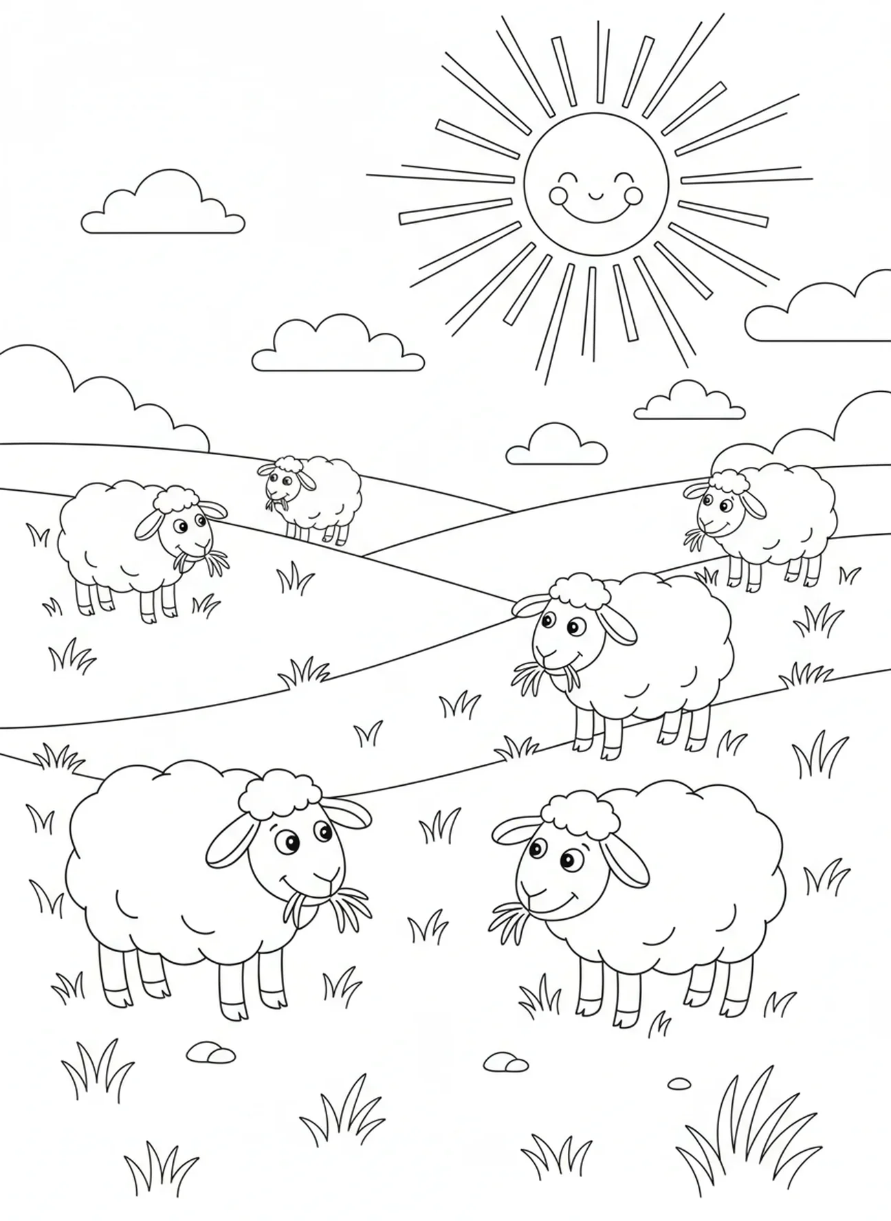 Bergers de moutons dans un champ, page à colorier de Jésus le Bon Berger pour les enfants de 5 à 10 ans