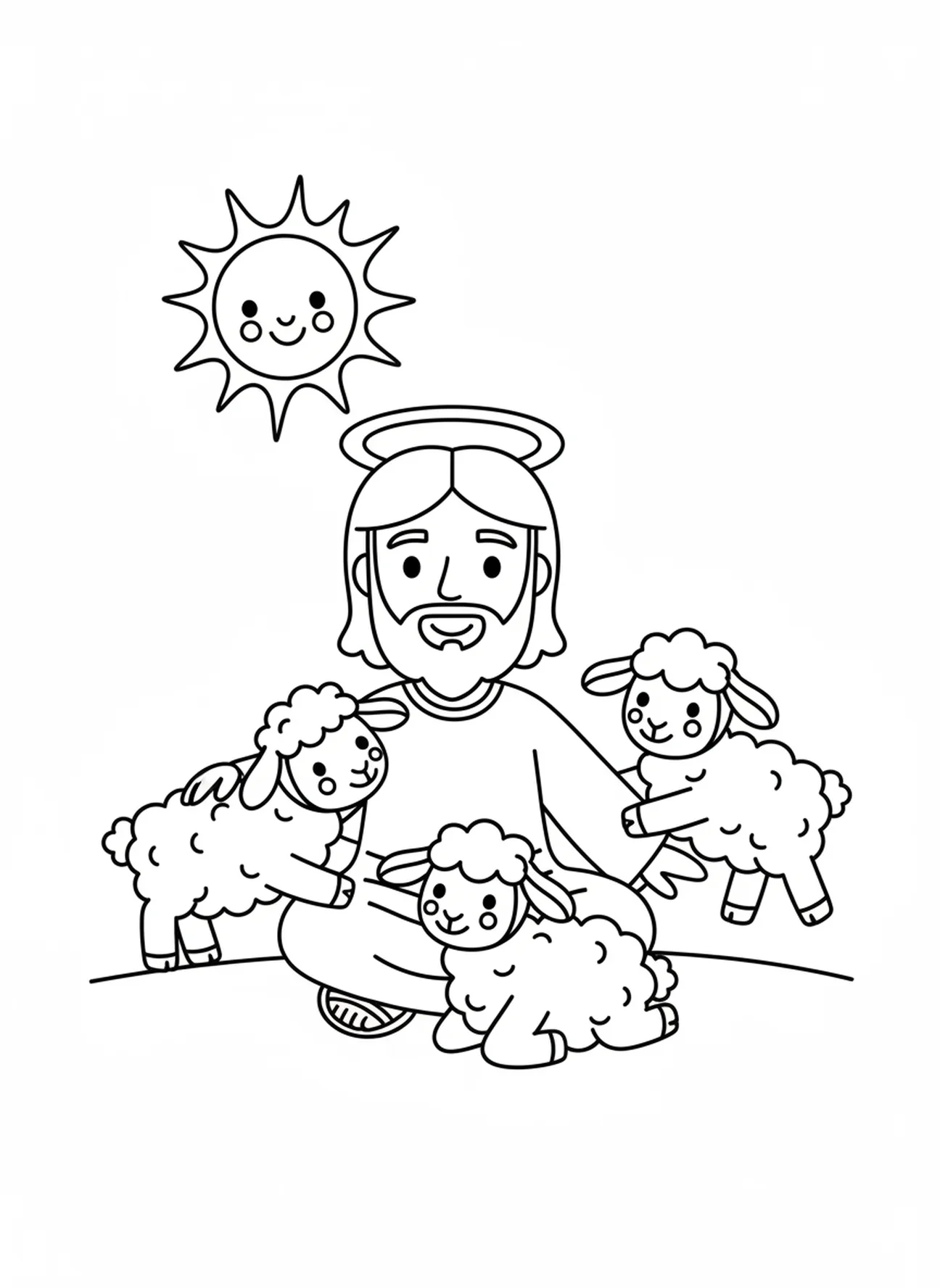 Jesus sentado com cordeirinhos felizes, página de colorir do Bom Pastor Jesus para pré-escolares de 3 a 5 anos