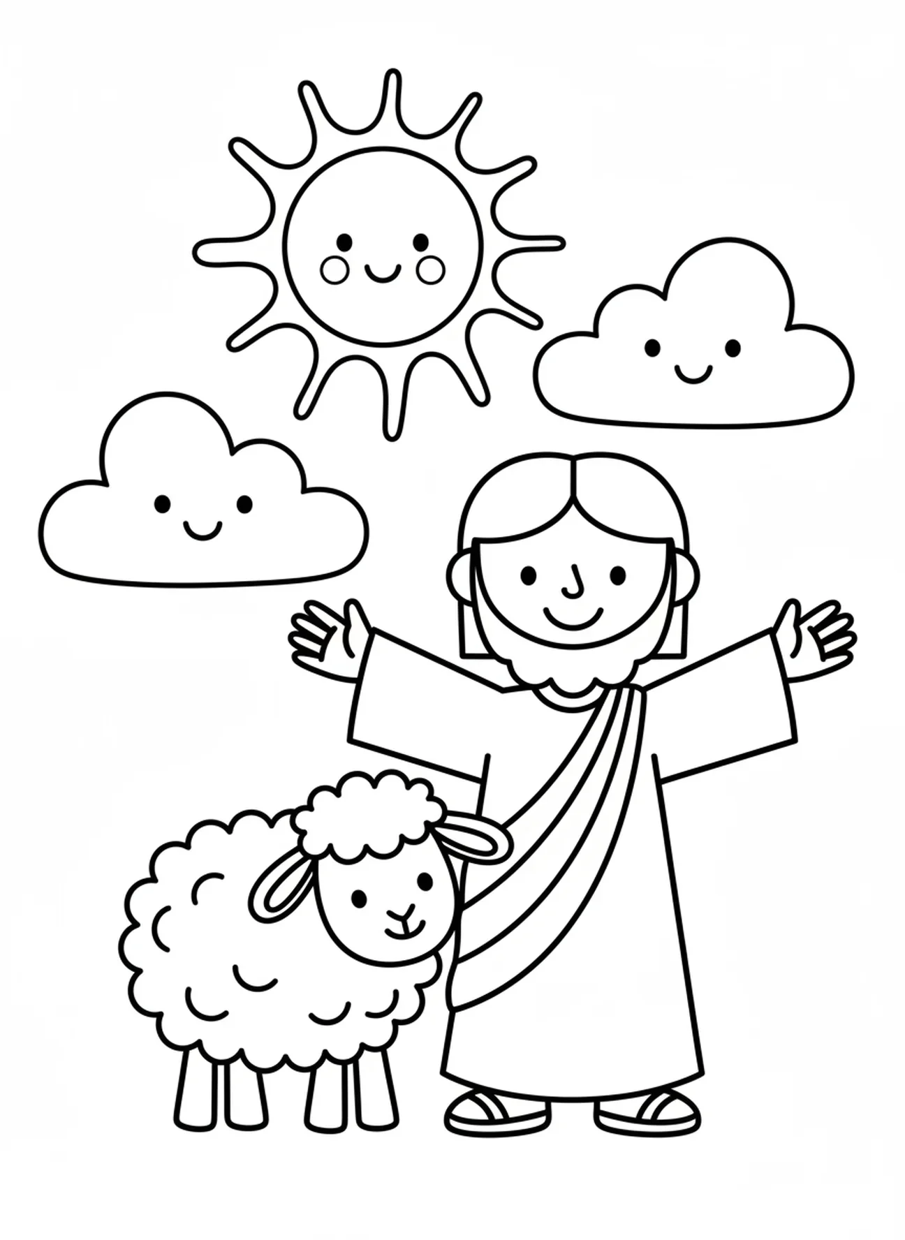 Jesus com ovelhas sob um céu ensolarado, Página de colorir do Bom Pastor Jesus para crianças de 3 a 5 anos