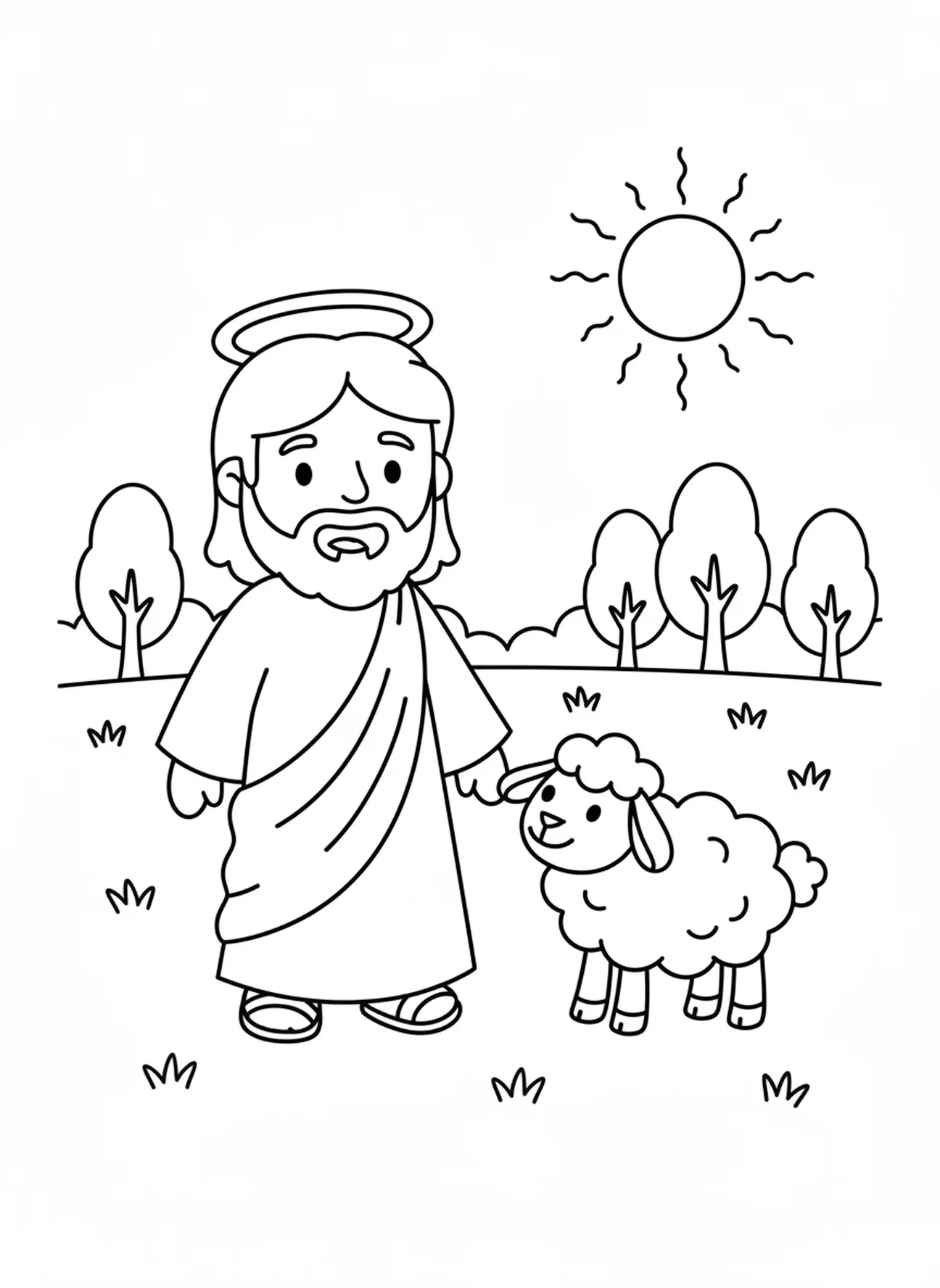 Jesus no campo com ovelhas, página de colorir do Bom Pastor Jesus para crianças de 3 a 5 anos