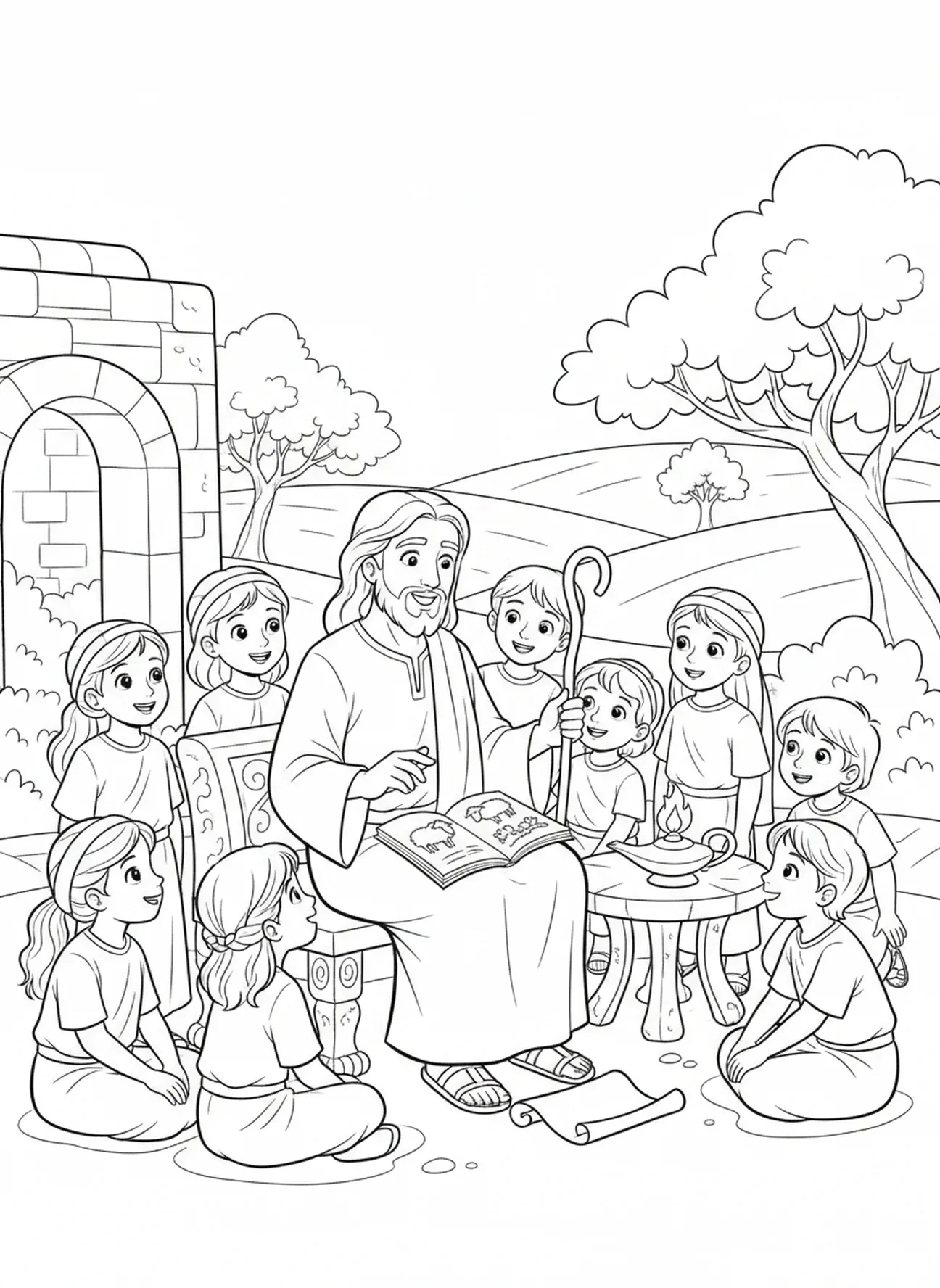 Jésus enseignant aux enfants, page à colorier du Bon Berger Jésus pour les enfants de l'École du dimanche âgés de 5 à 12 ans