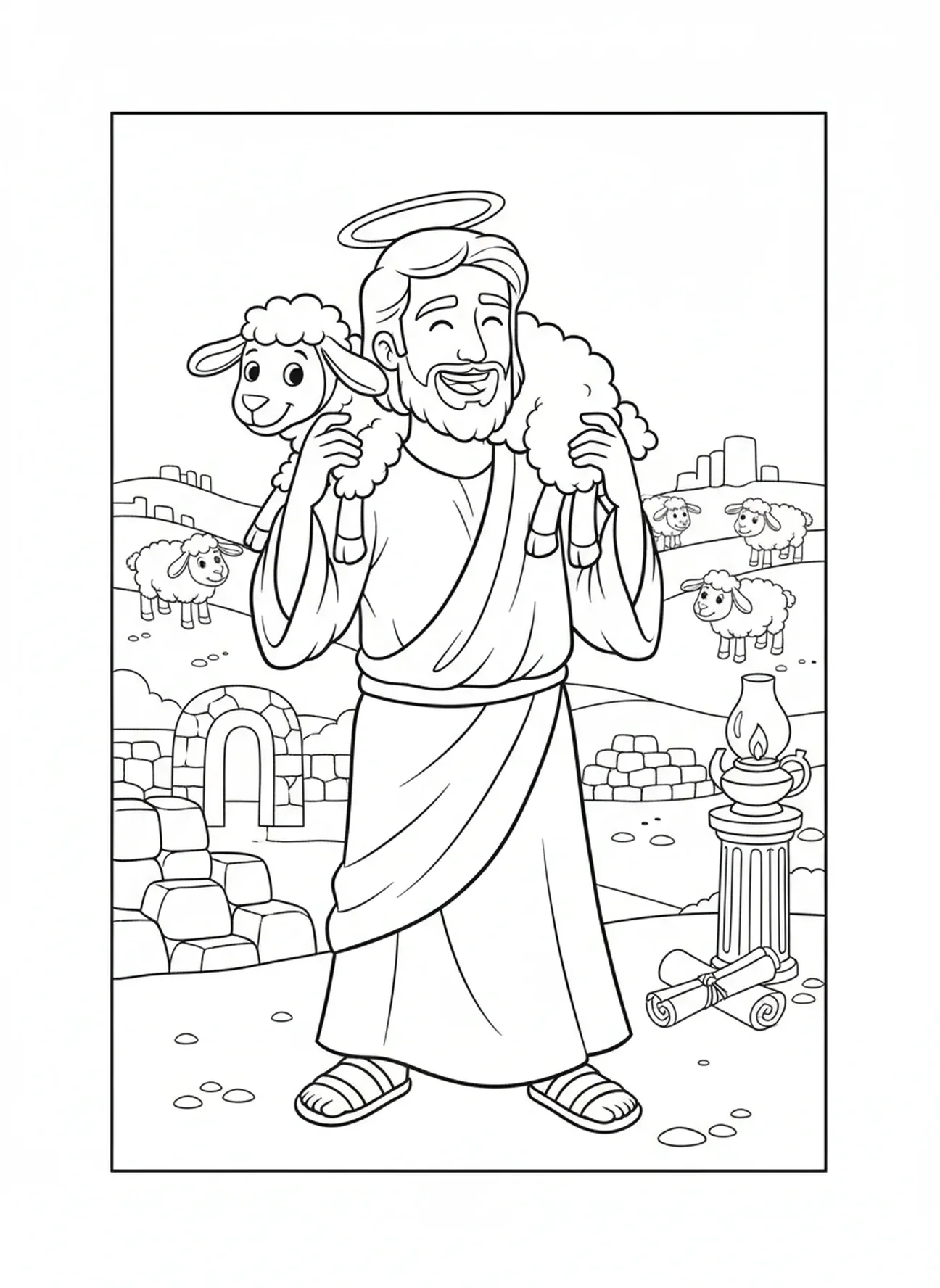 Jésus portant une brebis égarée, page à colorier du Bon Berger Jésus pour les enfants de l'École du dimanche âgés de 5 à 12 ans