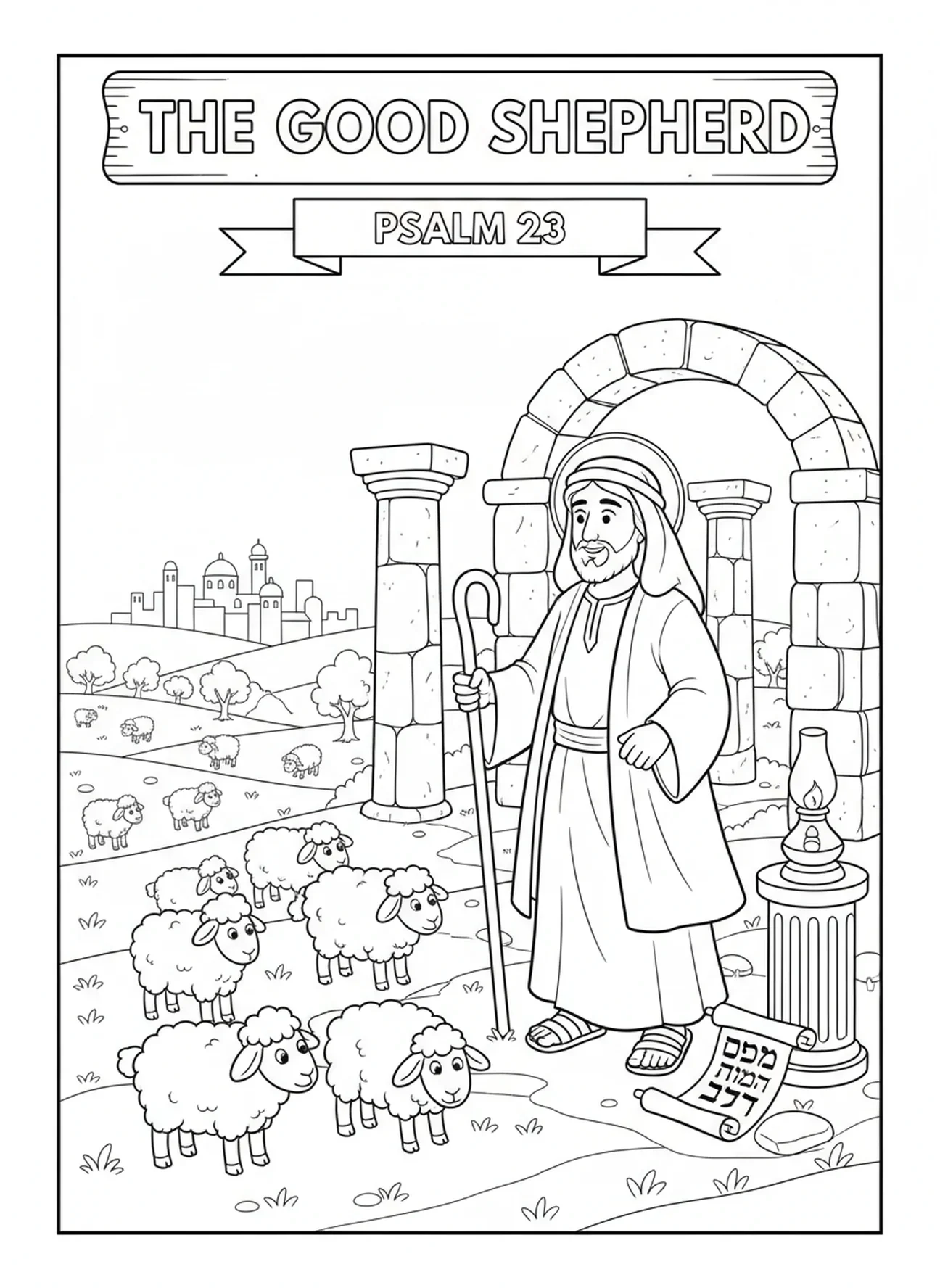 Des moutons paissant dans un champ, page à colorier de Jésus le Bon Pasteur pour les enfants de l'École du dimanche âgés de 5 à 12 ans