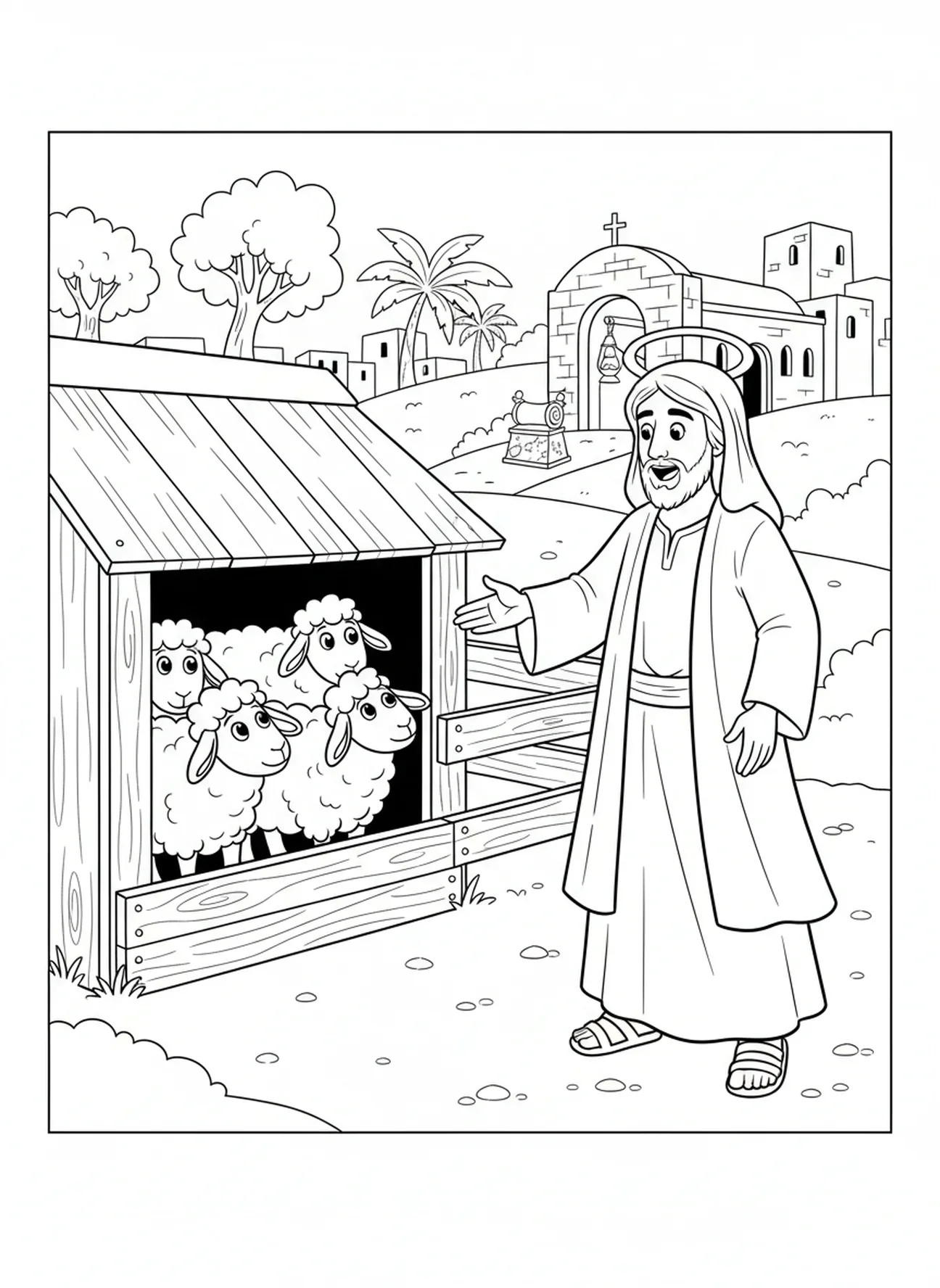 Jésus appelant les brebis, page à colorier du Bon Berger Jésus pour les enfants de l'École du dimanche âgés de 5 à 12 ans