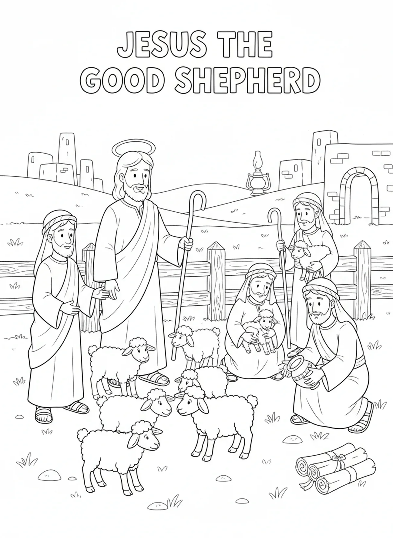 Jésus et ses disciples avec des moutons, page à colorier du Bon Berger Jésus pour les enfants de l'École du dimanche âgés de 5 à 12 ans