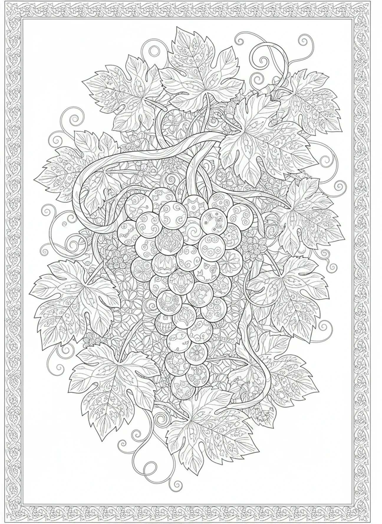 Grappe de raisins et vigne, page à colorier La Vigne et les Sarments pour le journal biblique style adulte