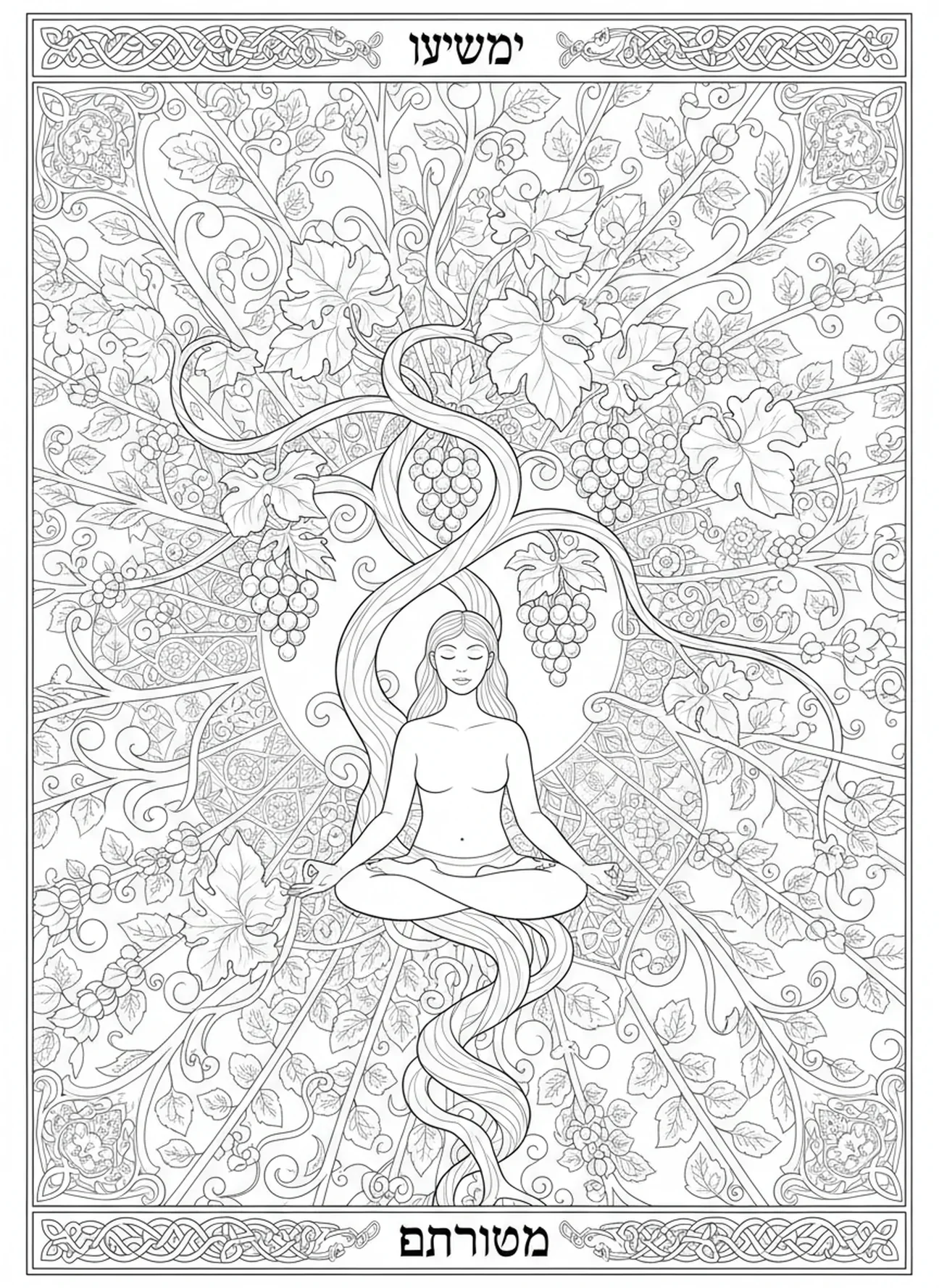 Personne méditant sous une vigne, page à colorier La Vigne et les Sarments pour adultes dans un style de journal biblique