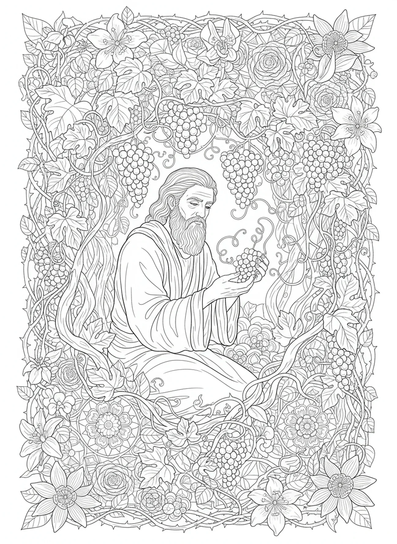 Vigneron s'occupant de la vigne, page à colorier La Vigne et les Sarments pour le journal biblique