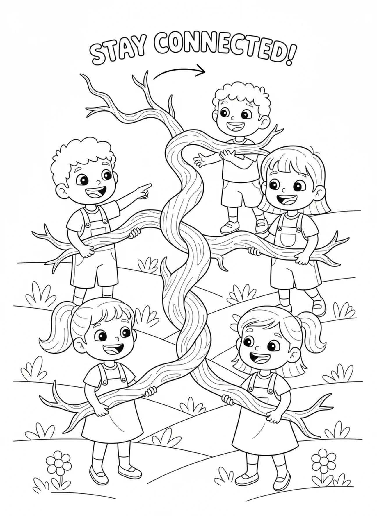 Gruppe von Kindern mit Zweigen, Die Rebe und die Zweige Malvorlage für Kinder im Alter von 5-10 Jahren