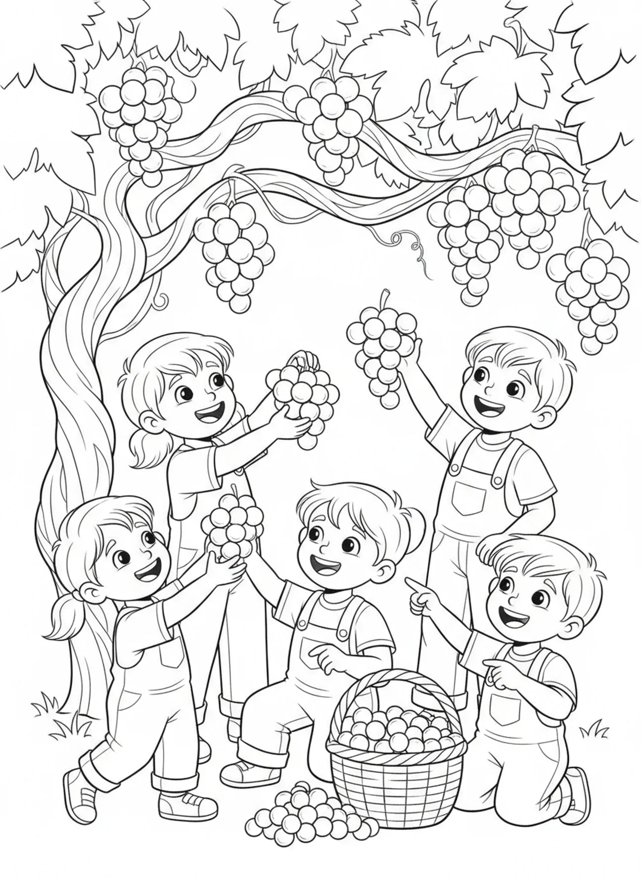 Kinder, die Trauben sammeln, Ausmalbild über den Weinstock und die Reben für Kinder im Alter von 5-10 Jahren