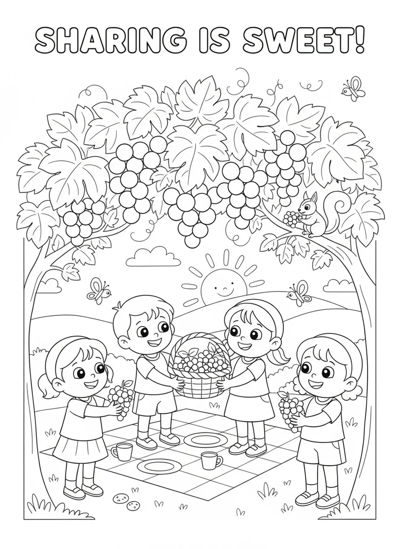 Kinder teilen Früchte, Die Rebe und die Zweige Malvorlage für Kinder im Alter von 5-10 Jahren