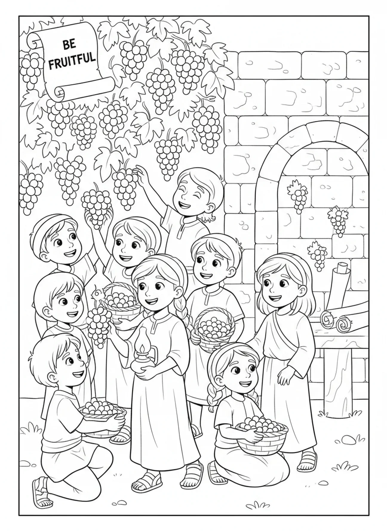 Kinder, die Trauben sammeln, Ausmalbild über den Weinstock und die Reben für die Sonntagsschule für Kinder im Alter von 5-12 Jahren.