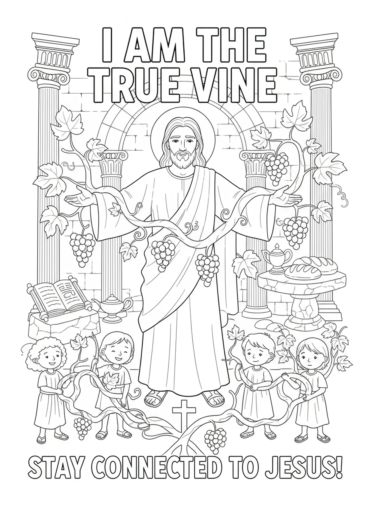 Jesus veranschaulicht die Verbindung zu den Zweigen, Ausmalbild 'Der Weinstock und die Zweige' für Kinder in der Sonntagsschule im Alter von 5-12 Jahren.