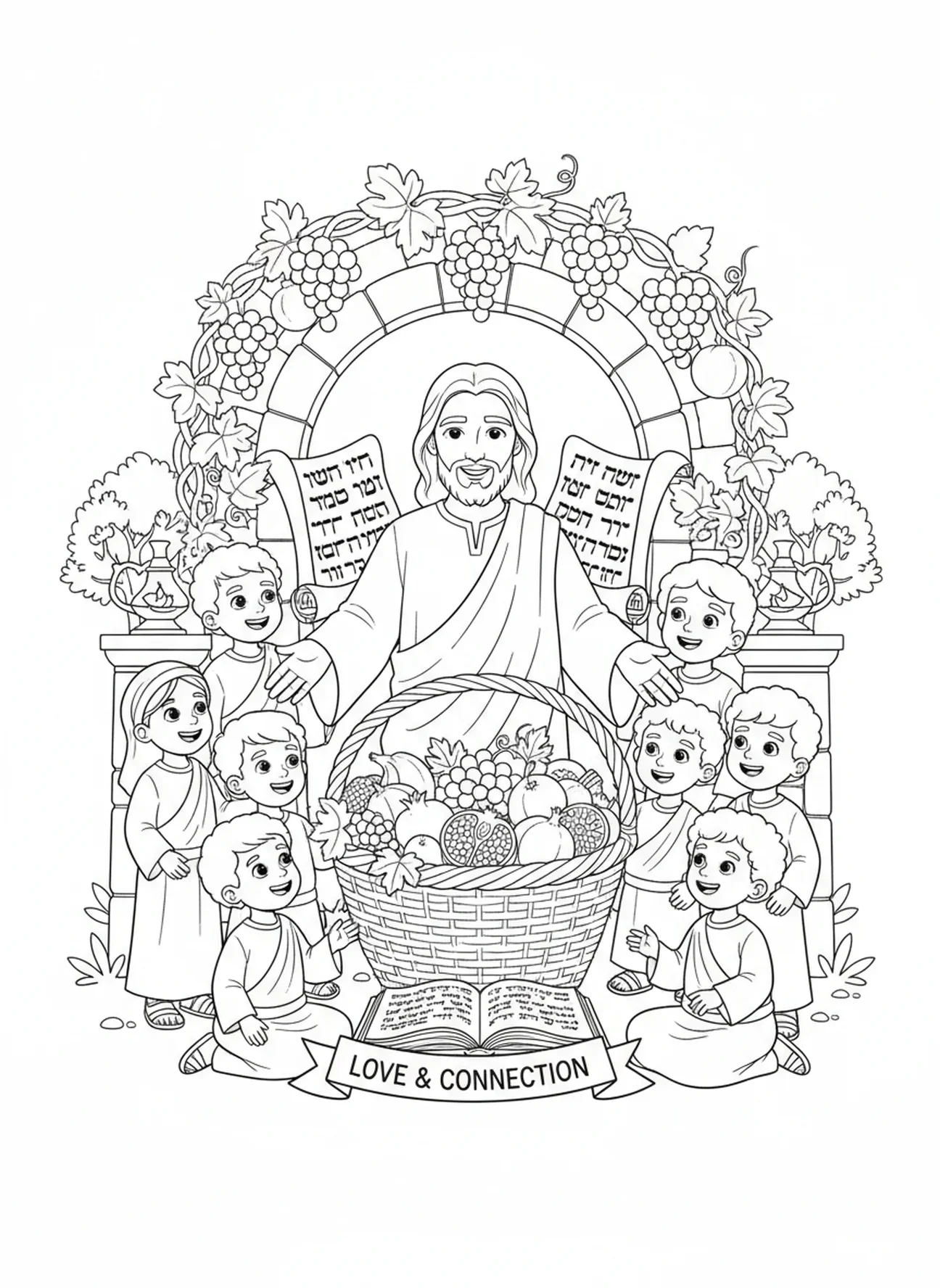 Jesus segnet die gesammelten Früchte, Ausmalbild über den Weinstock und die Reben für Kinder im Religionsunterricht von 5-12 Jahren.
