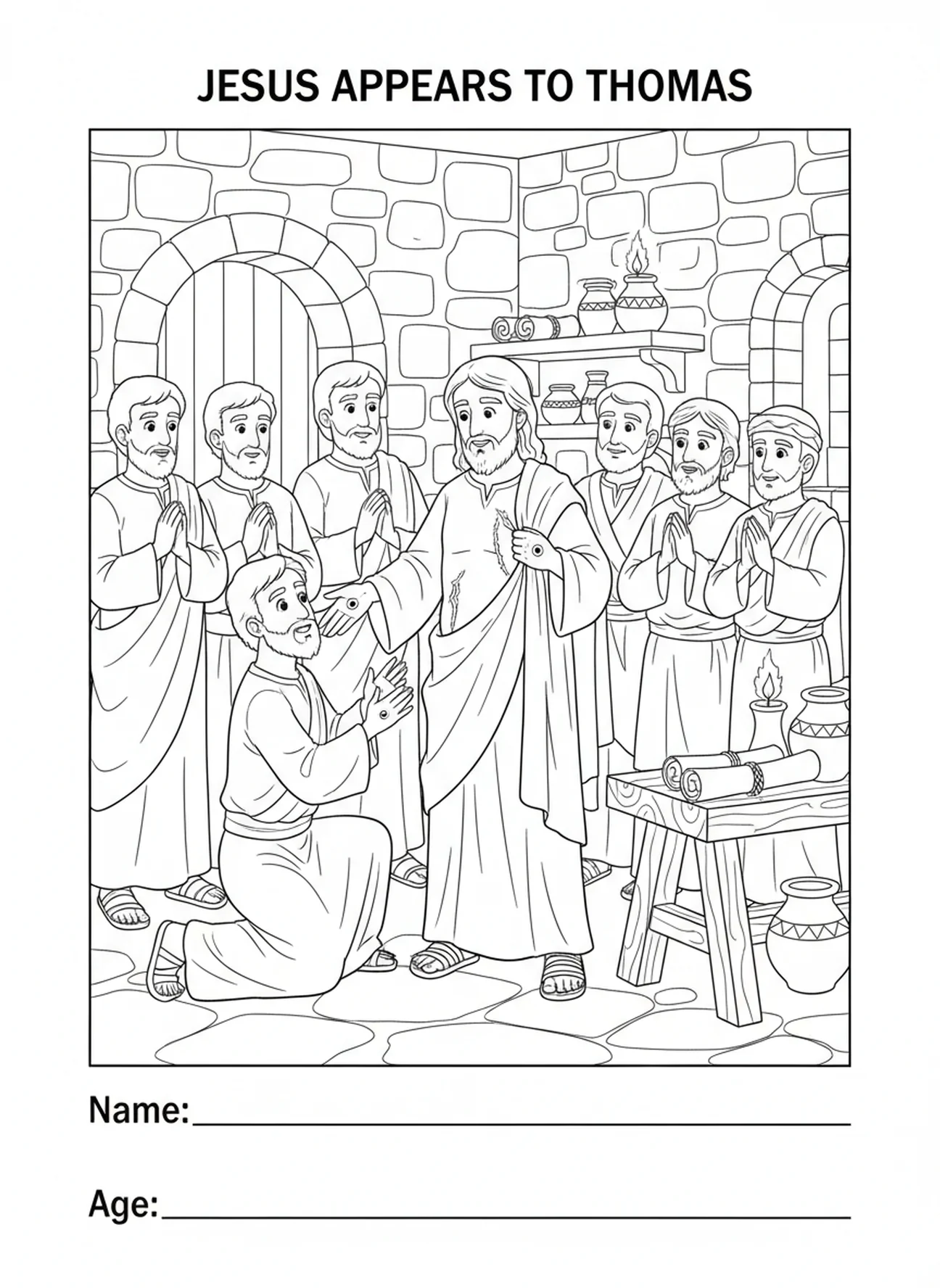 Jesus zeigt seine Wunden, Ausmalbild von Apostel Thomas für Kinder in der Sonntagsschule im Alter von 5-12 Jahren.
