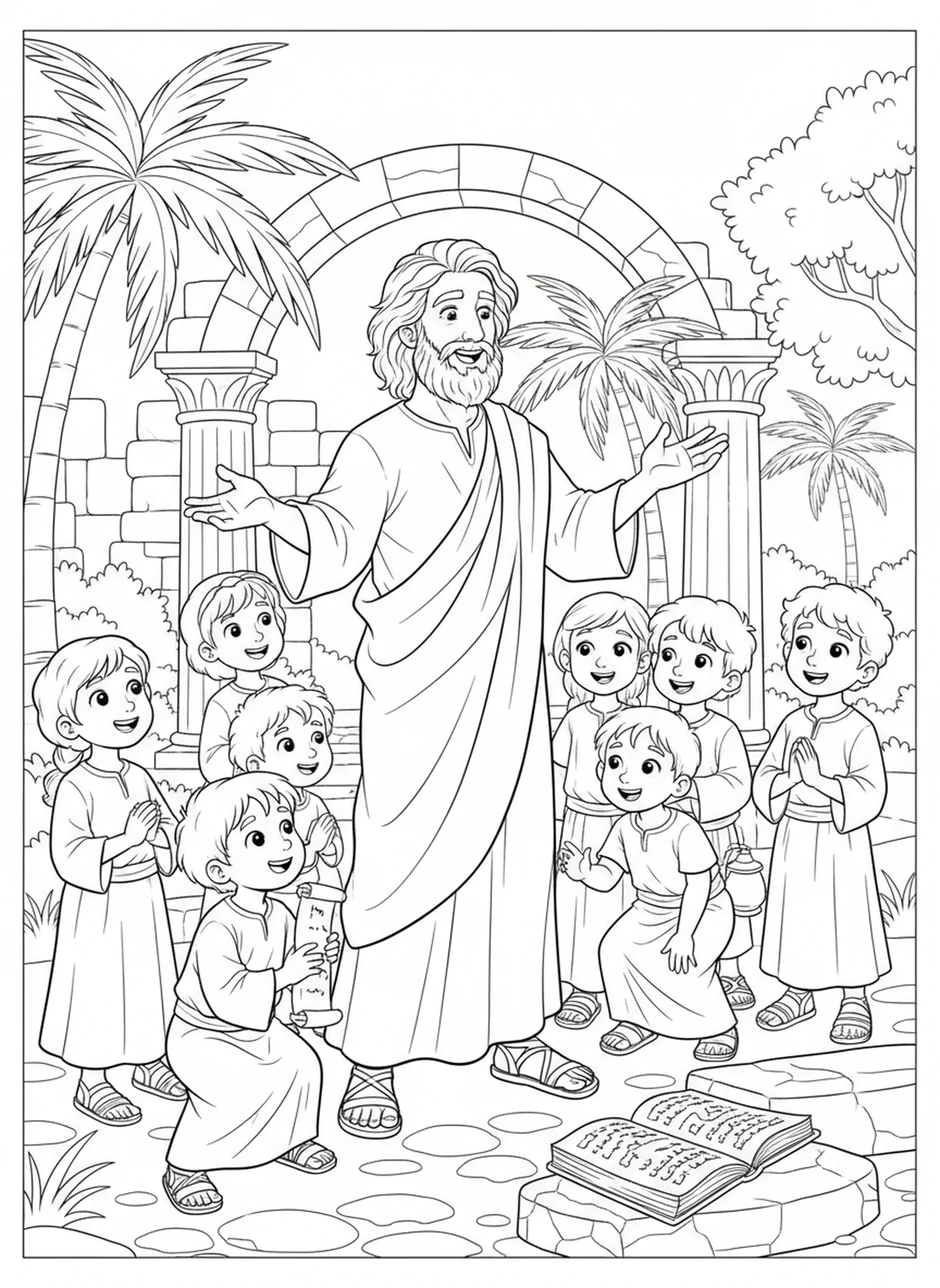 Thomas teilt die Botschaft, Ausmalbild des Apostels Thomas für die Sonntagsschule für Kinder im Alter von 5-12 Jahren.