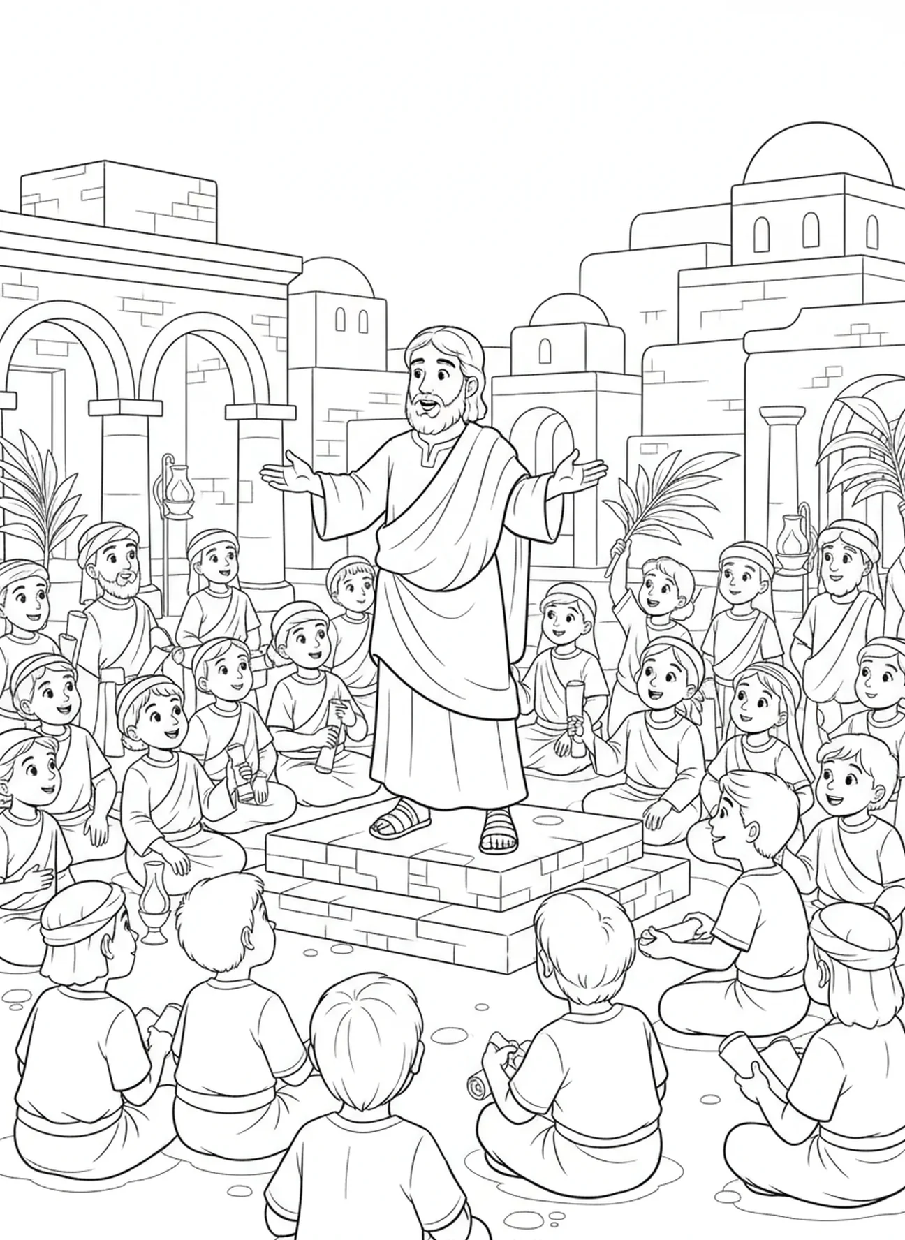 Thomas predigt zu einer Menge, Ausmalbild des Apostels Thomas für Kinder im Alter von 5-12 Jahren in der Sonntagsschule.