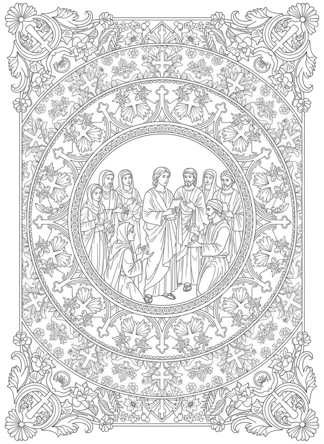 Timóteo com membros da igreja, página de colorir de Timóteo para adultos no estilo de journaling bíblico.