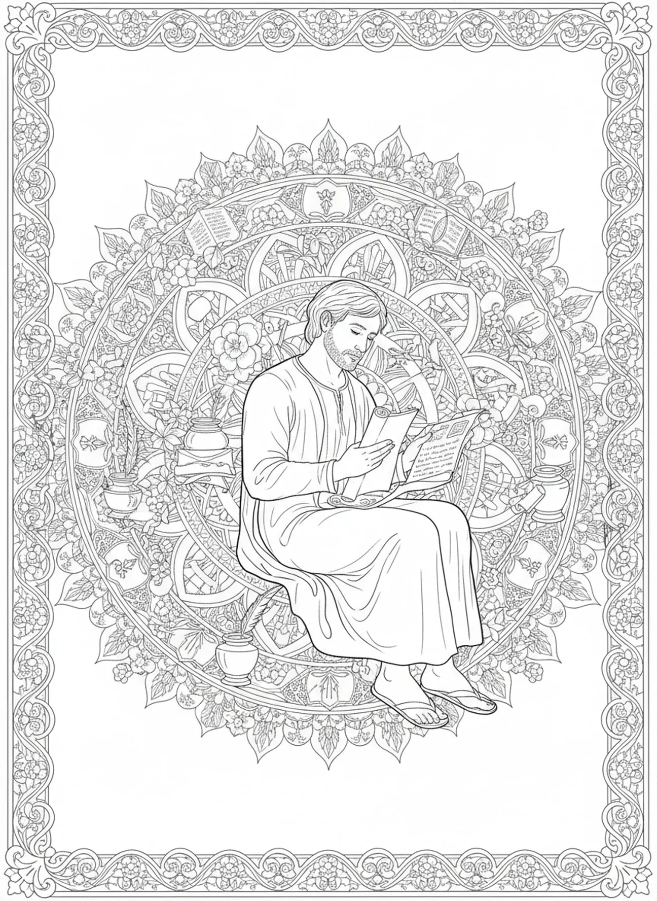 Timóteo lendo cartas, página para colorir Timóteo no estilo de journaling bíblico para adultos.