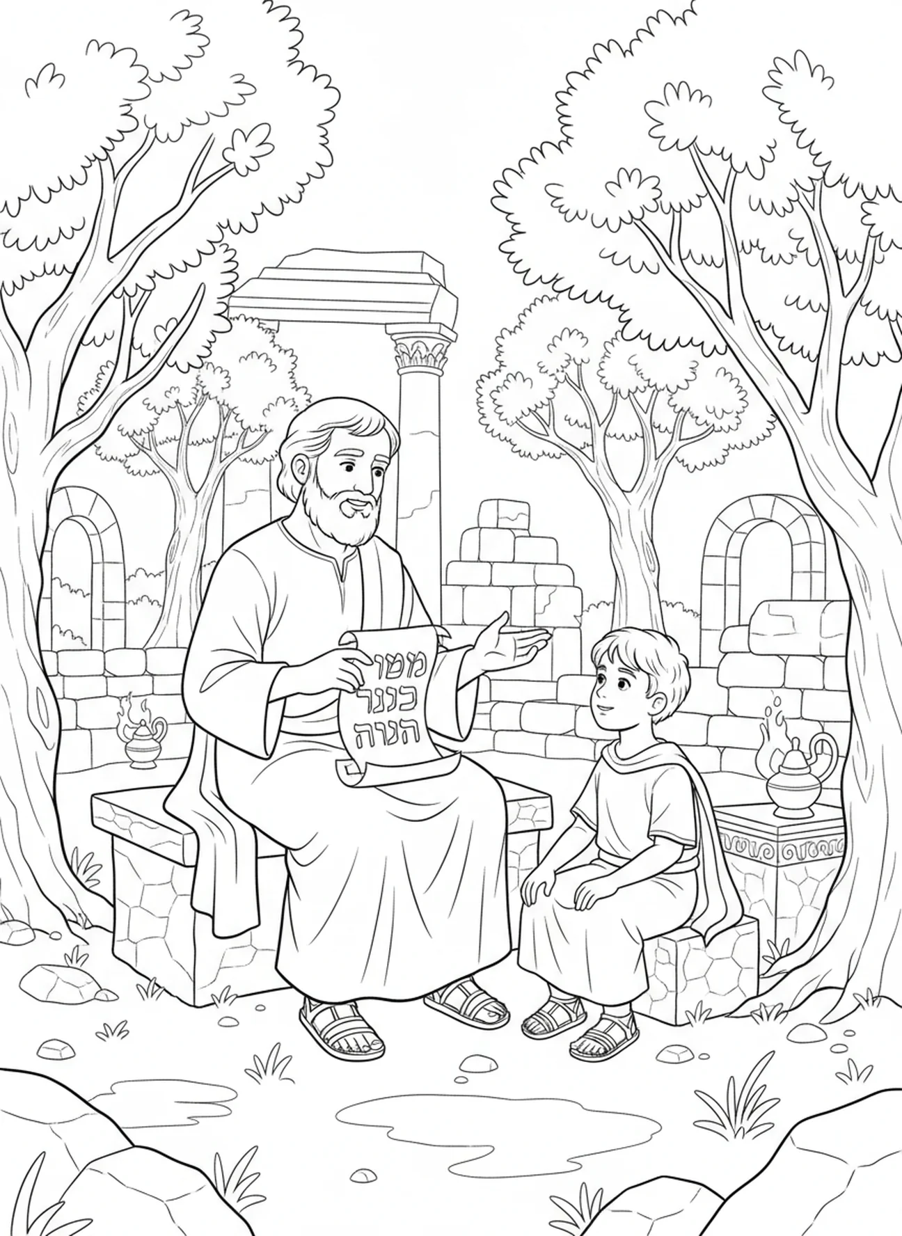 Paulus lehrt Timotheus, Ausmalbild für Kinder im Religionsunterricht im Alter von 5-12 Jahren.