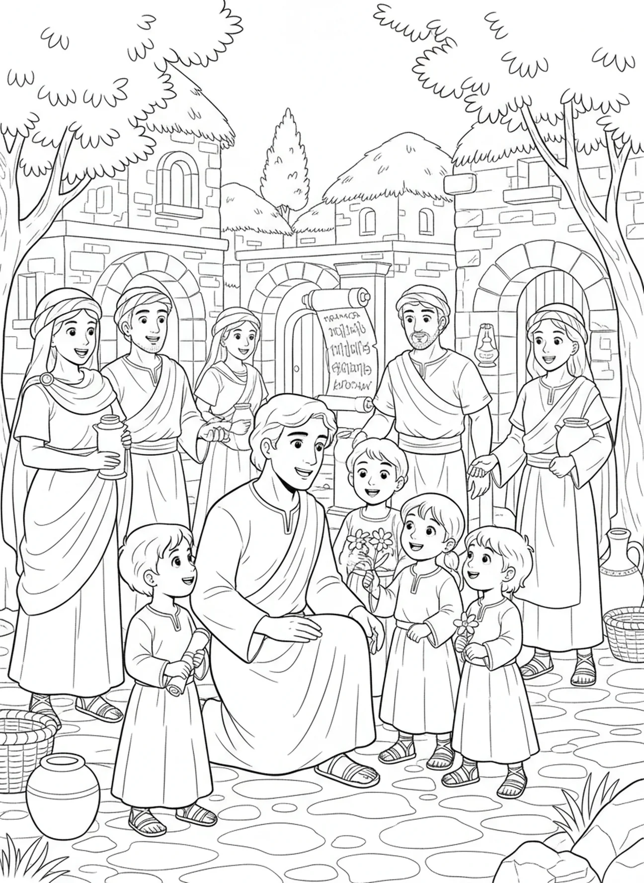 Timotheus im Austausch mit der Gemeinschaft, Ausmalbild für Kinder im Religionsunterricht im Alter von 5-12 Jahren.