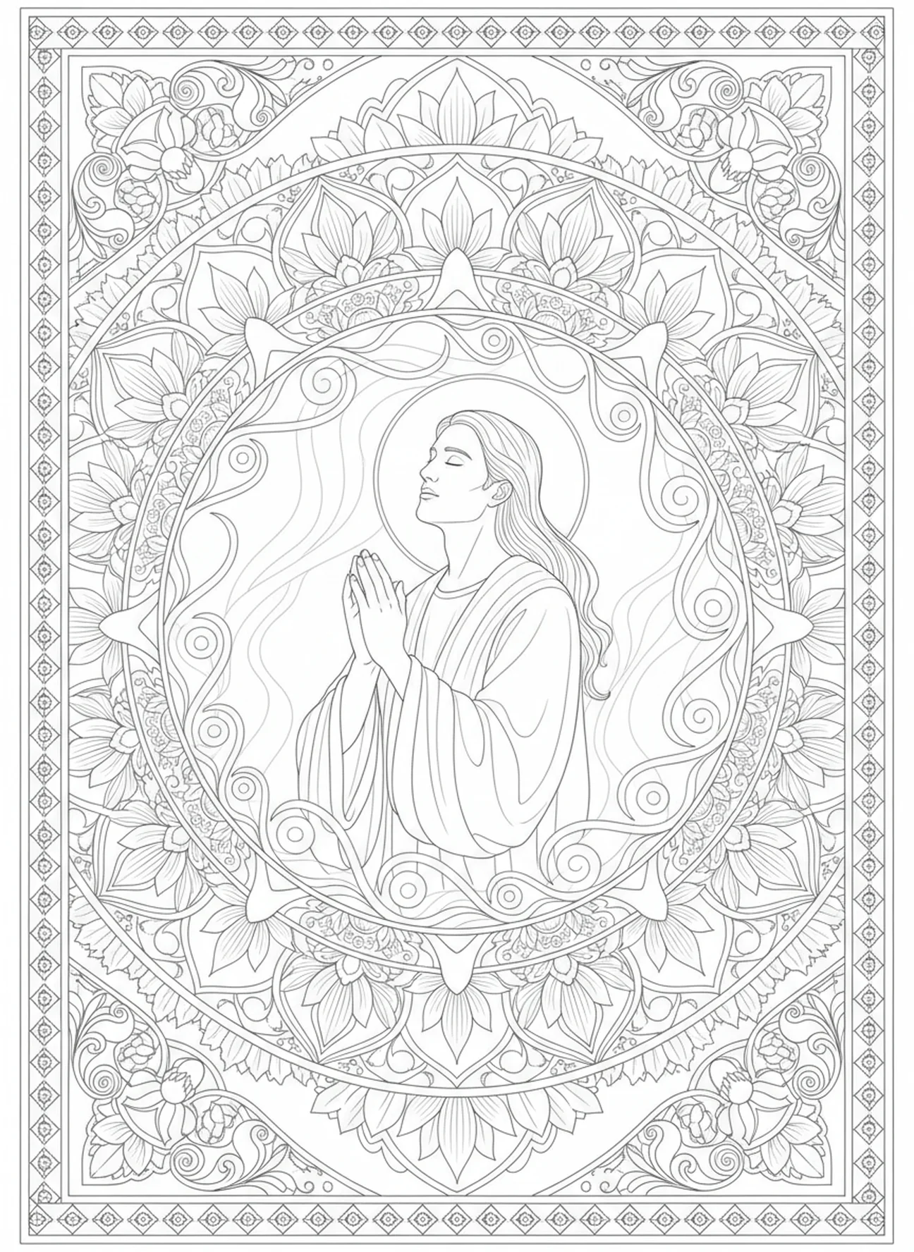 Tite en prière, page à colorier pour adultes dans le style du journal biblique