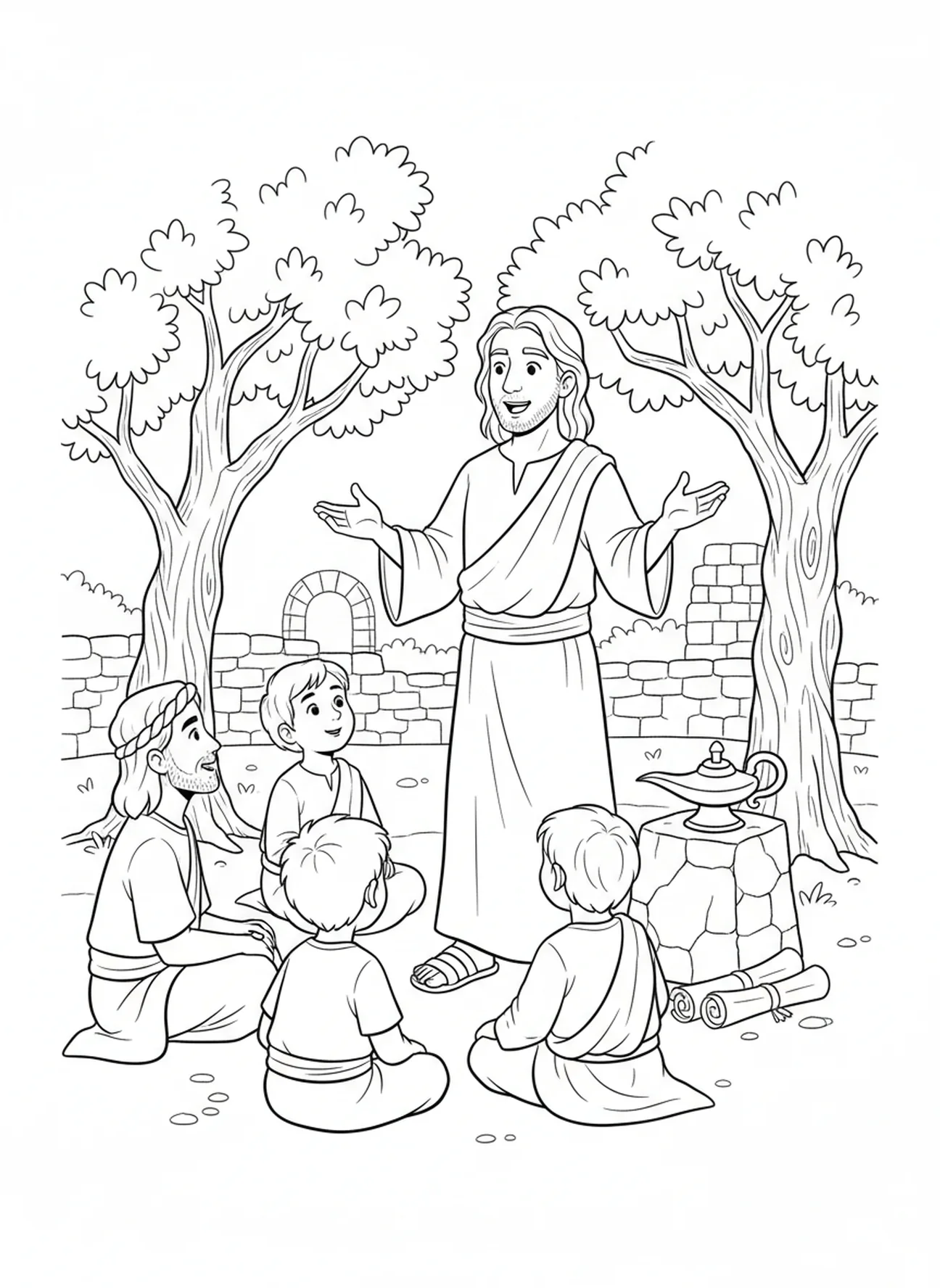 Titus partageant des enseignements, page à colorier Titus pour les enfants de l'École du dimanche âgés de 5 à 12 ans.