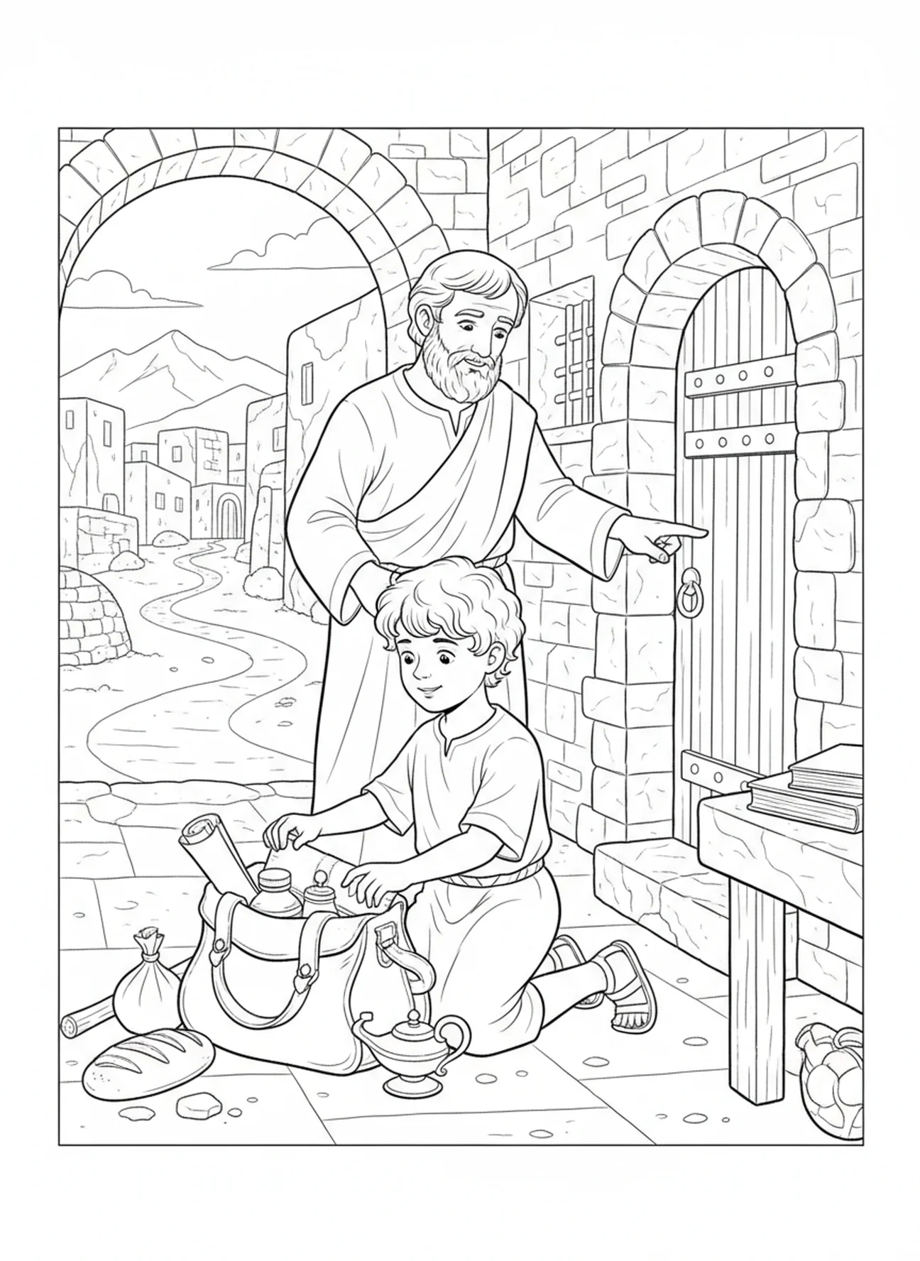 Titus se préparant pour un voyage, page à colorier de Titus pour les enfants de l'École du dimanche âgés de 5 à 12 ans.